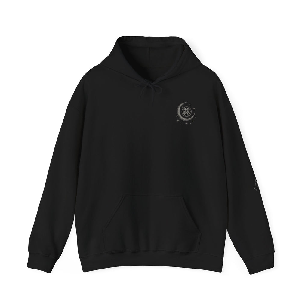 Black hoodie with a small logo on the chest against a white background