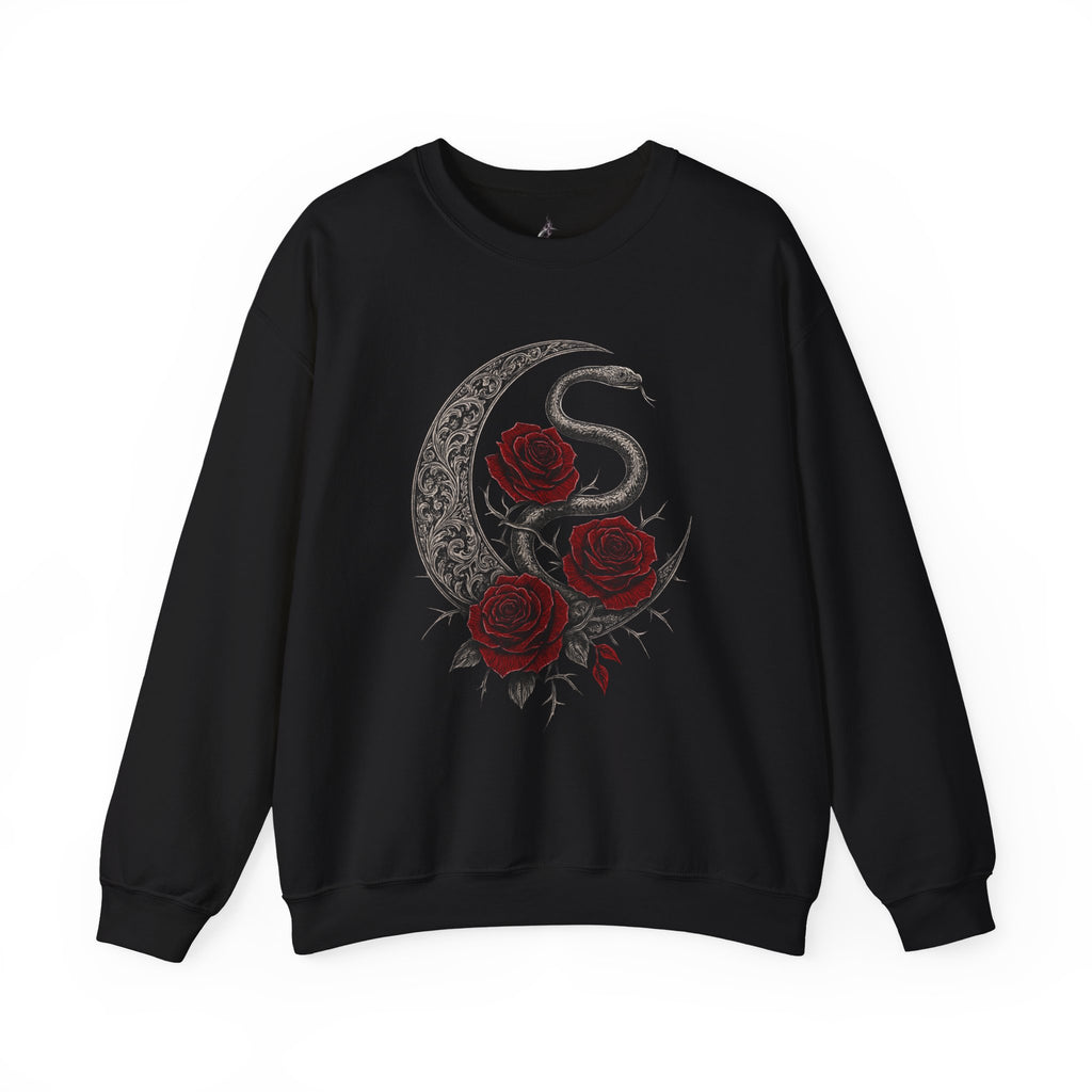 Black sweatshirt with a snake and roses design on a white background