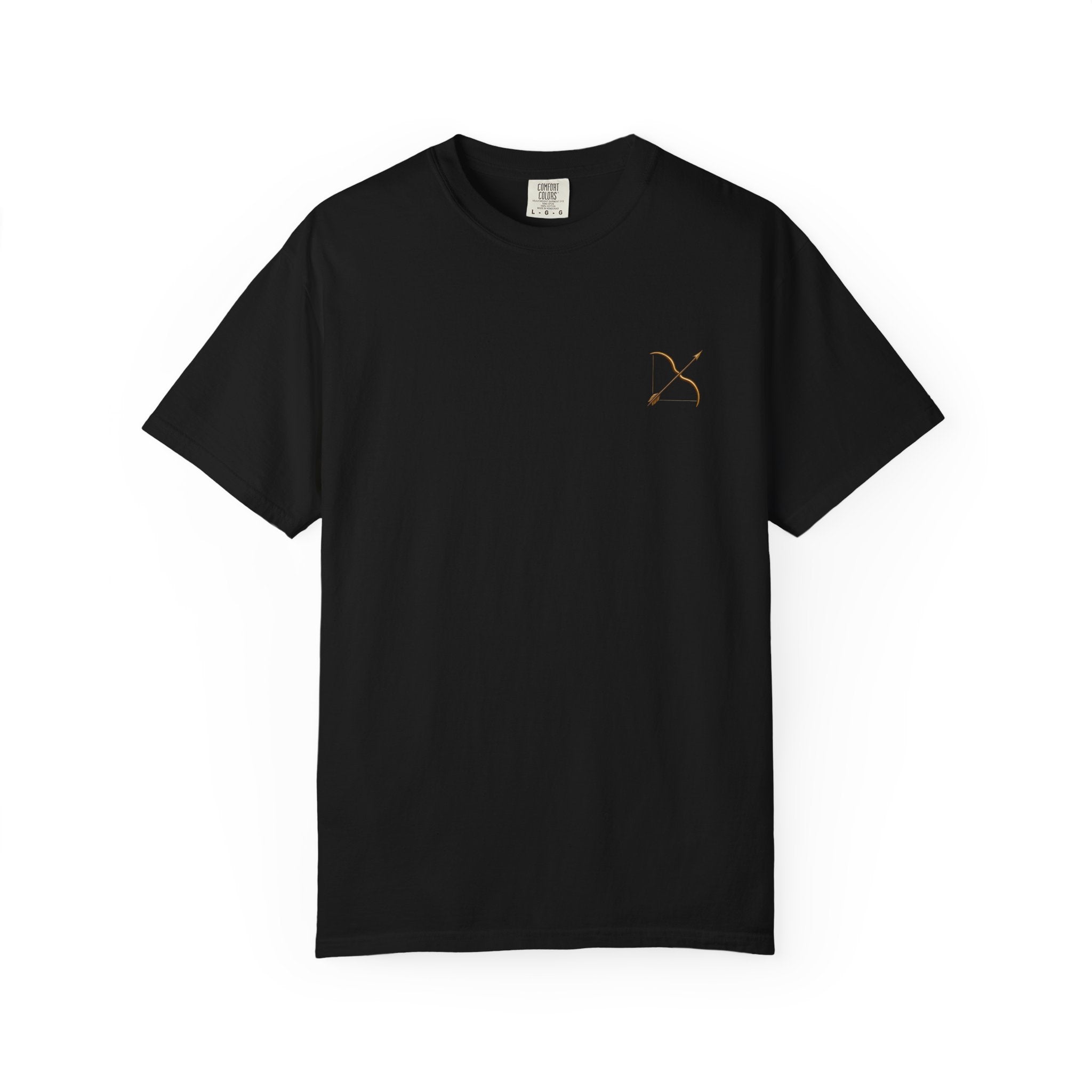 Black t-shirt with a small logo on a white background