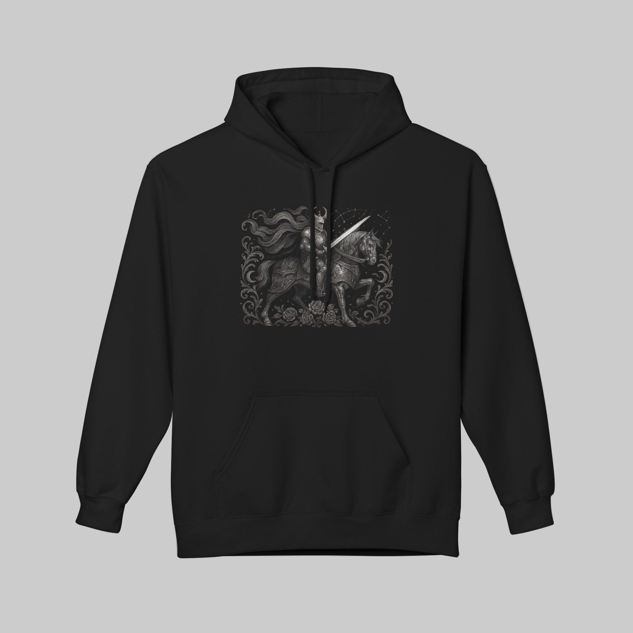 Black hoodie with a unicorn design on a white background