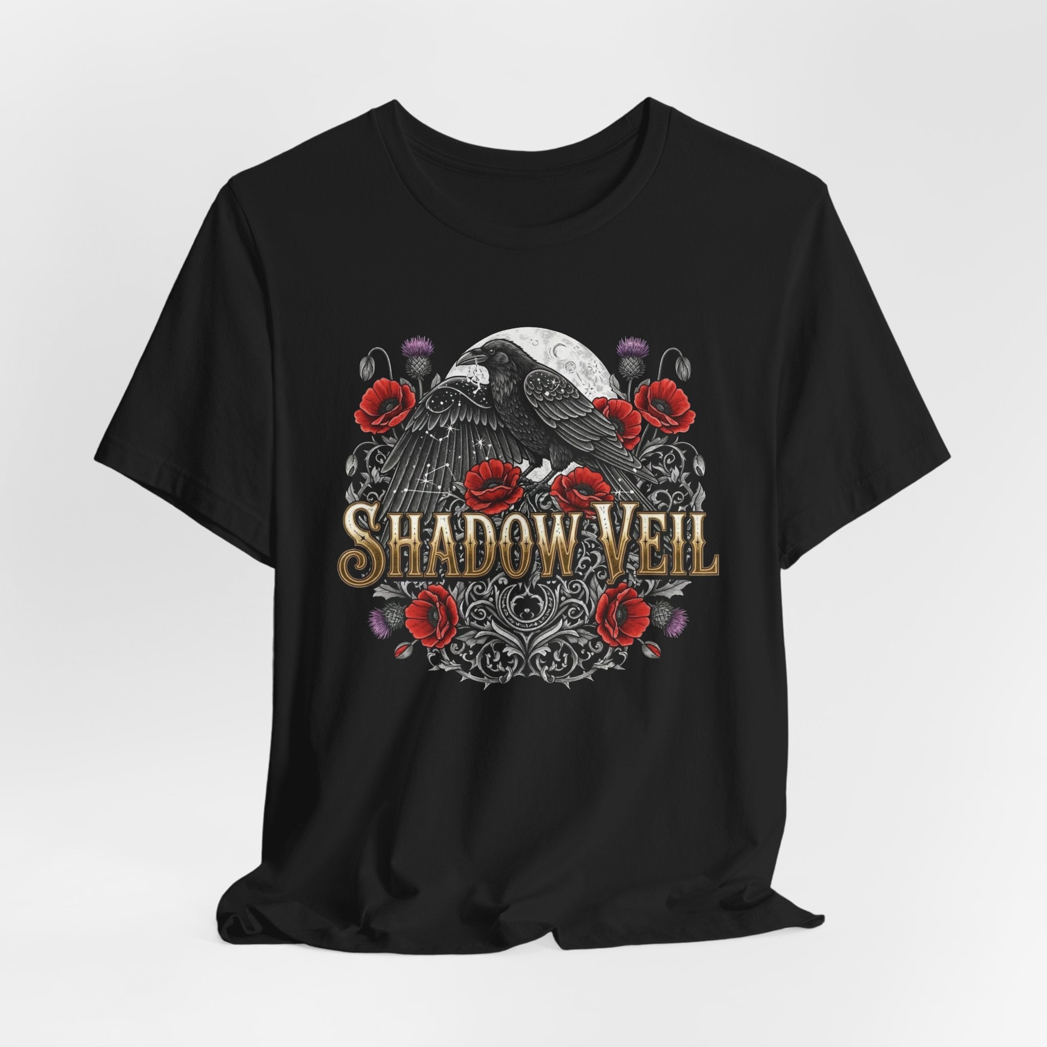 Black t-shirt with 'Shadow Veil' design featuring a crow and roses on a white background