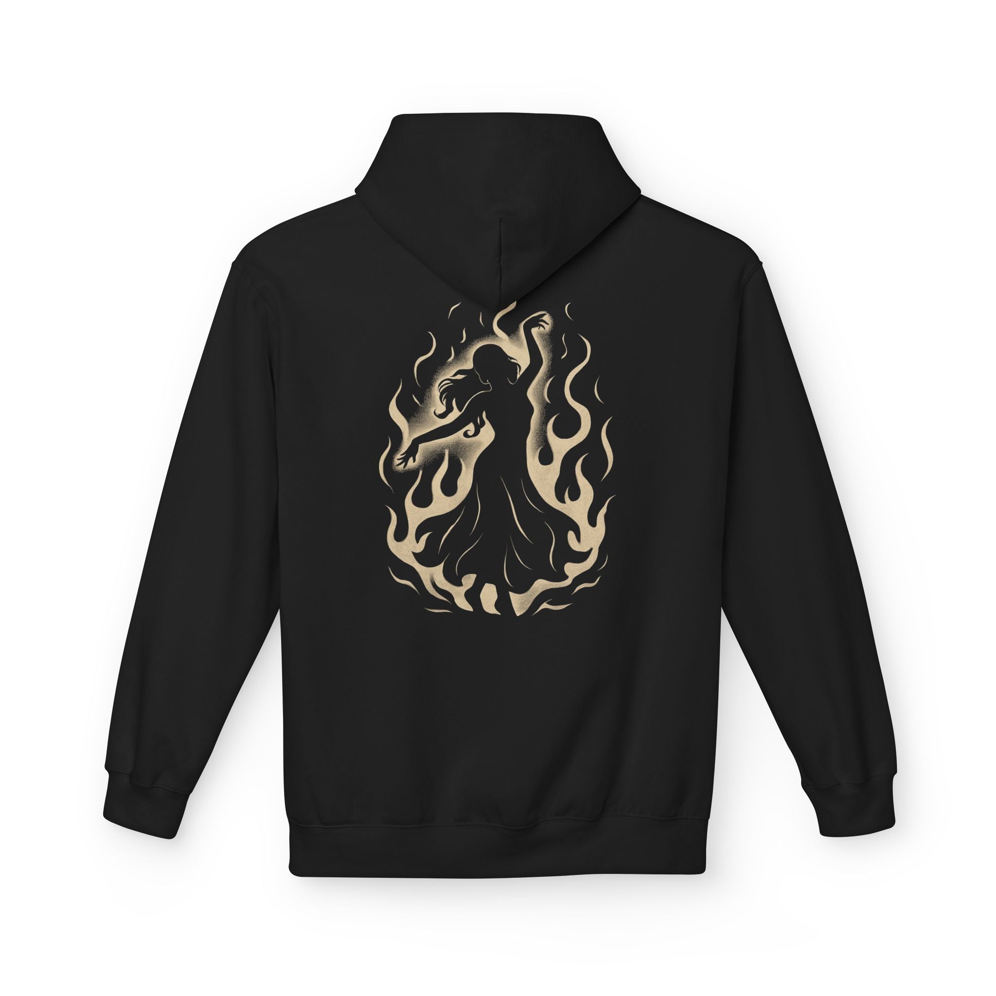 Black hoodie with a gold flame design on the back against a white background