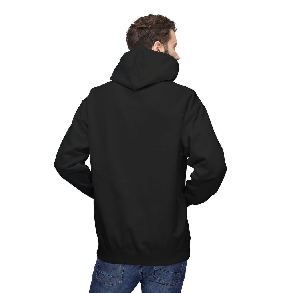 Person wearing a black hoodie from behind on a white background