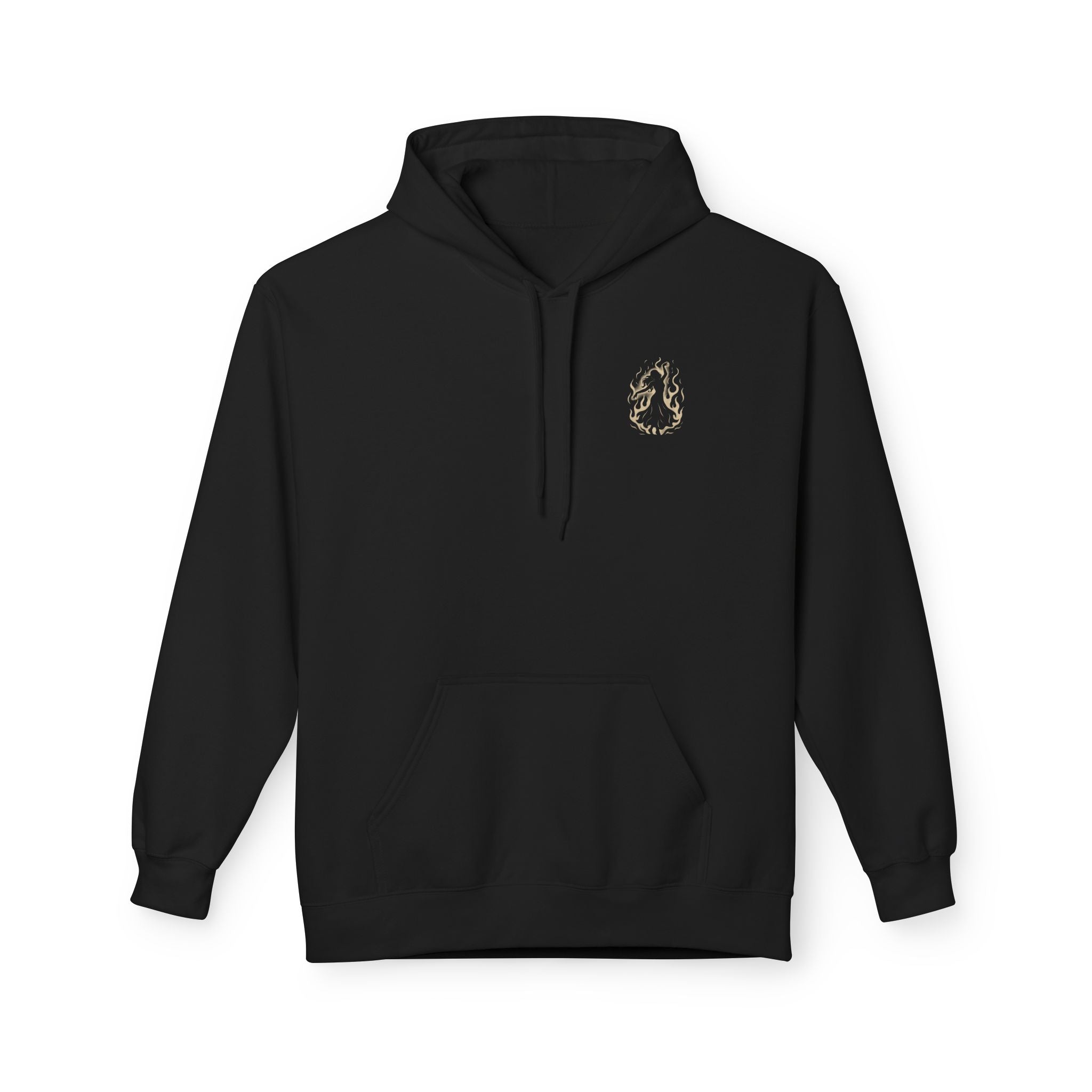 Black hoodie with a small logo on the chest against a white background