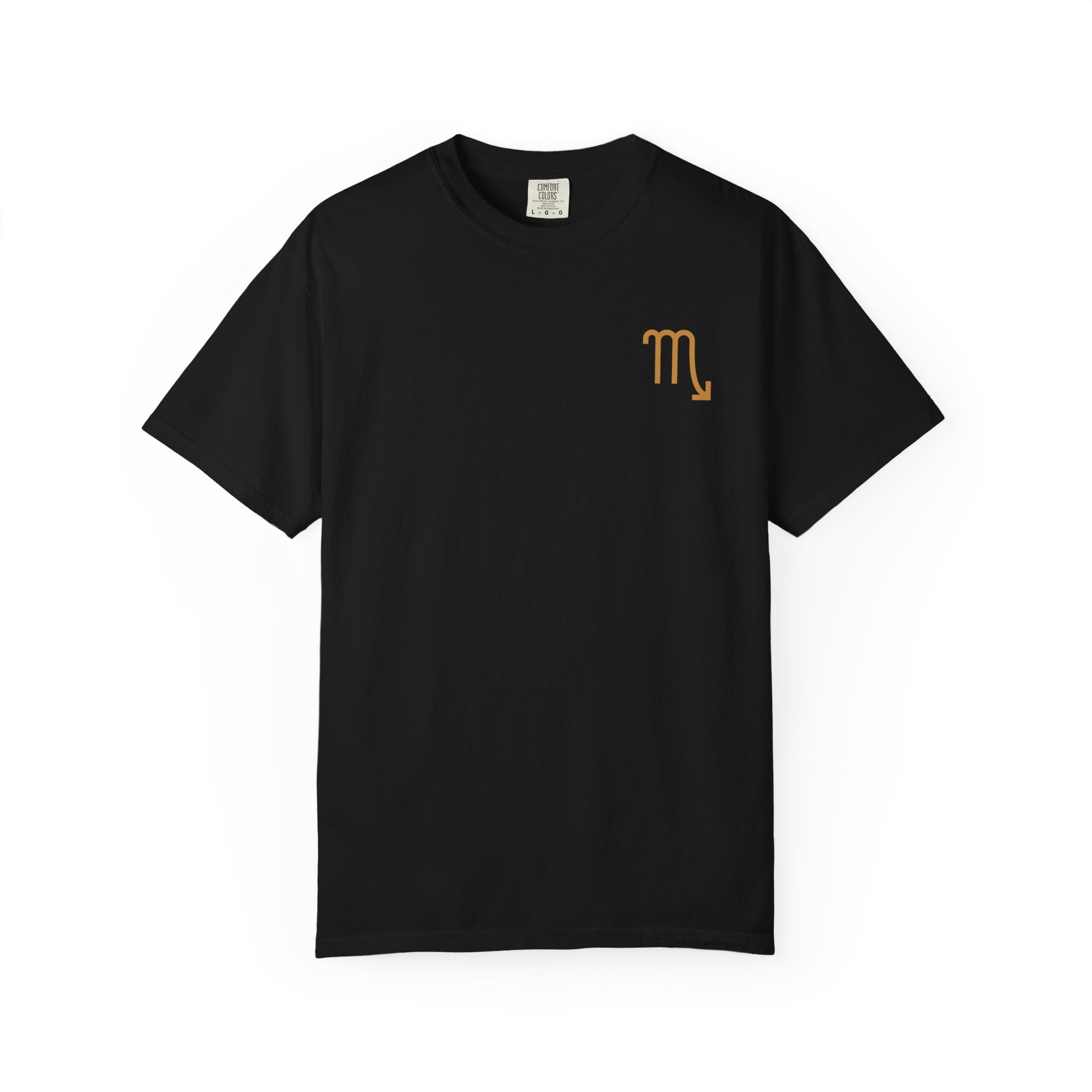 Black t-shirt with a gold zodiac symbol on a white background