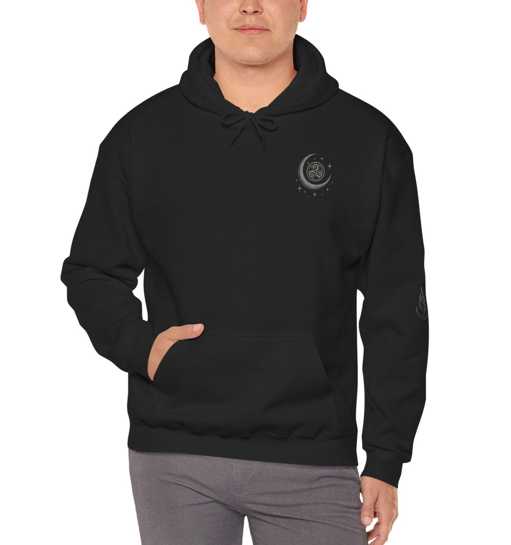 Man wearing a black hoodie with a logo on a white background