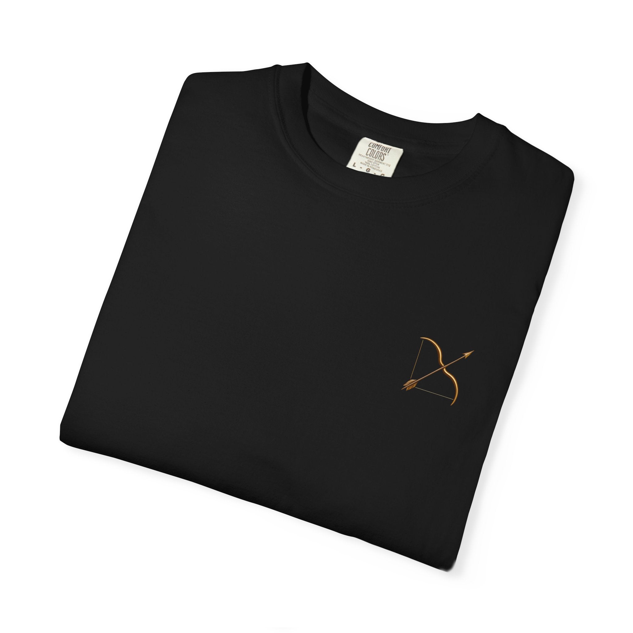 Folded black t-shirt with a small logo on a white background