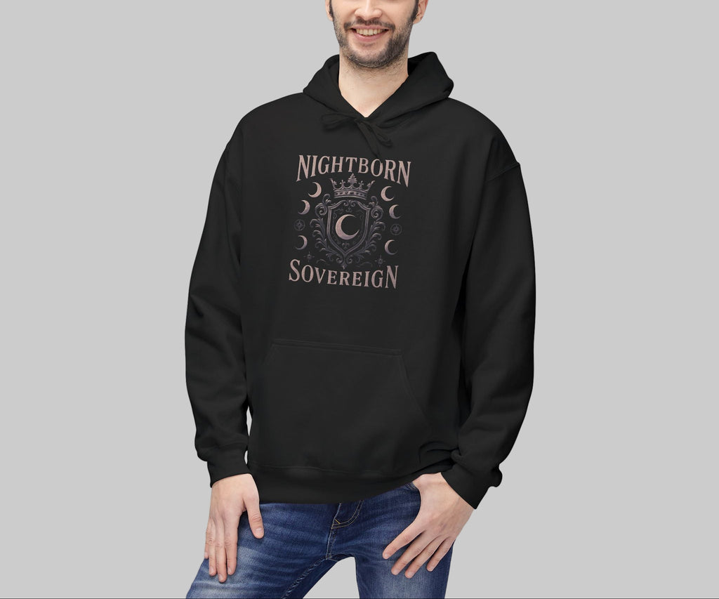 Man wearing a black hoodie with 'Nightborn Sovereign' text on a white background