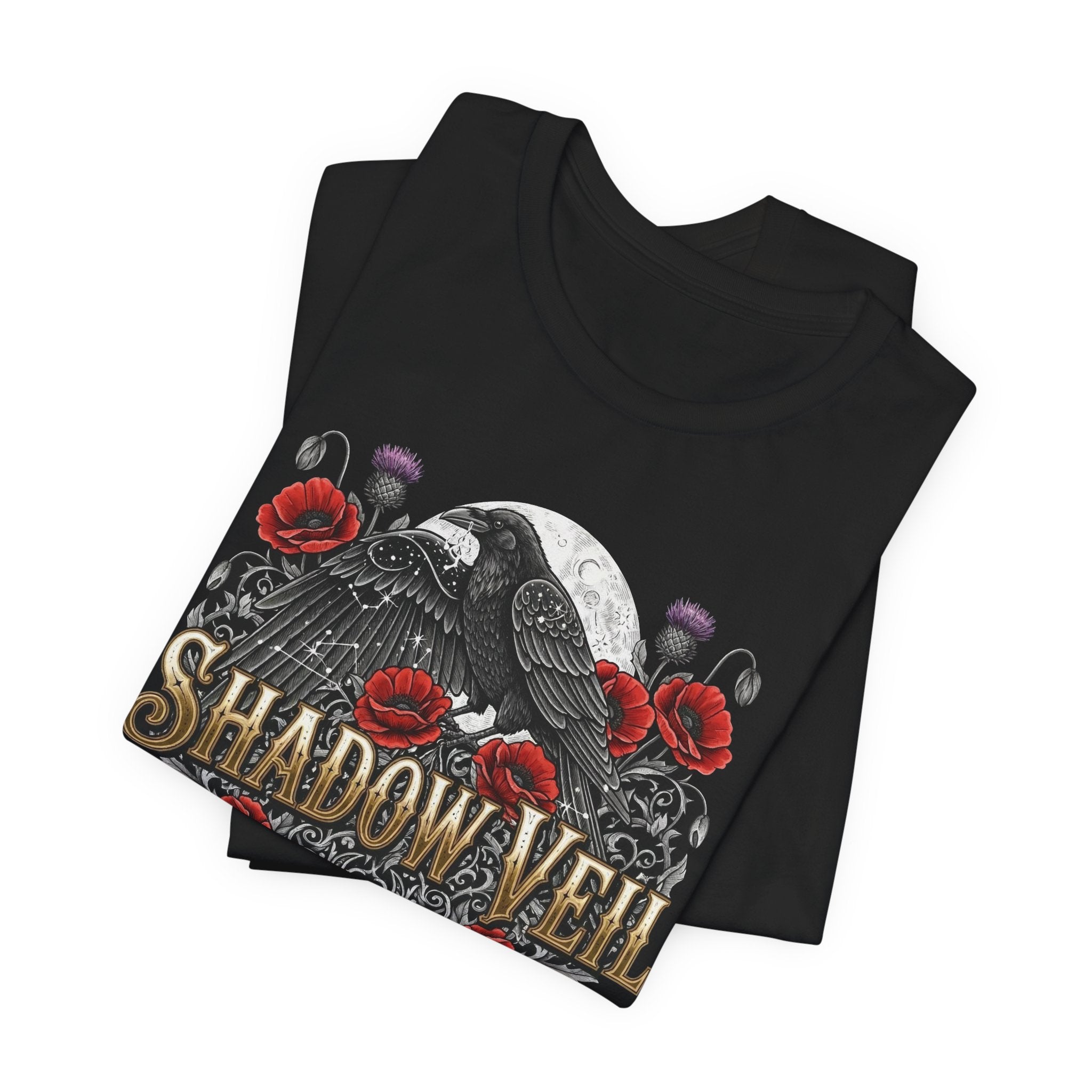 Black t-shirt with a crow, moon, and red flowers design on a white background