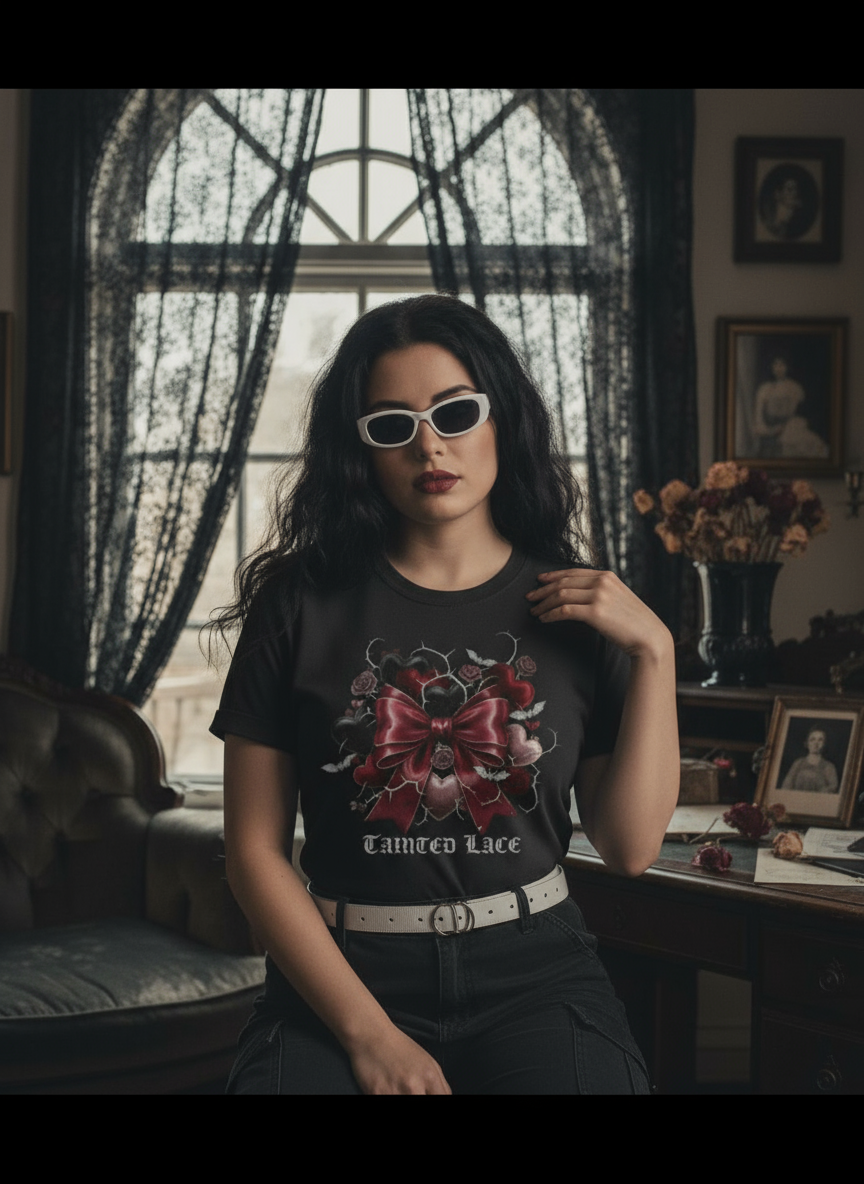 Woman wearing a black t-shirt with a graphic design in a room with decorative elements.
