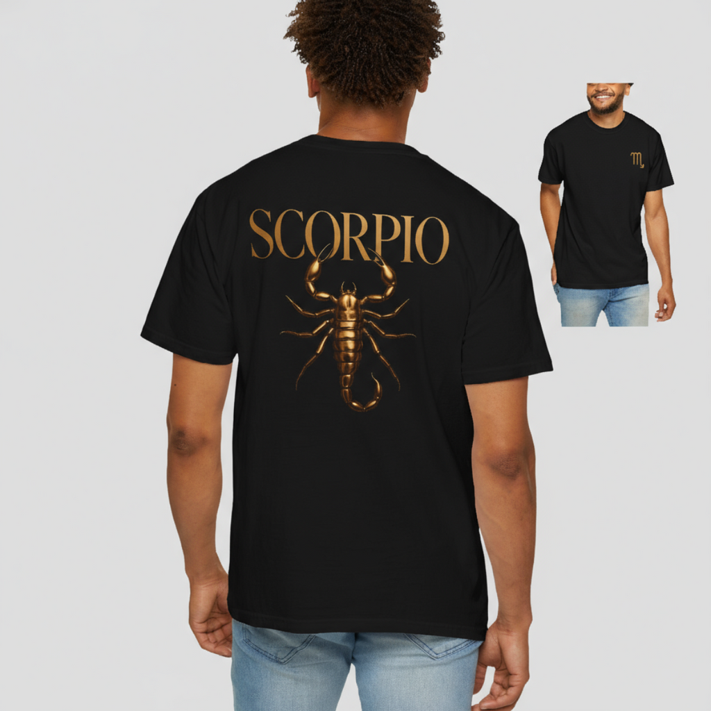 Black t-shirt with gold Scorpio design and 'SCORPIO' text on a white background