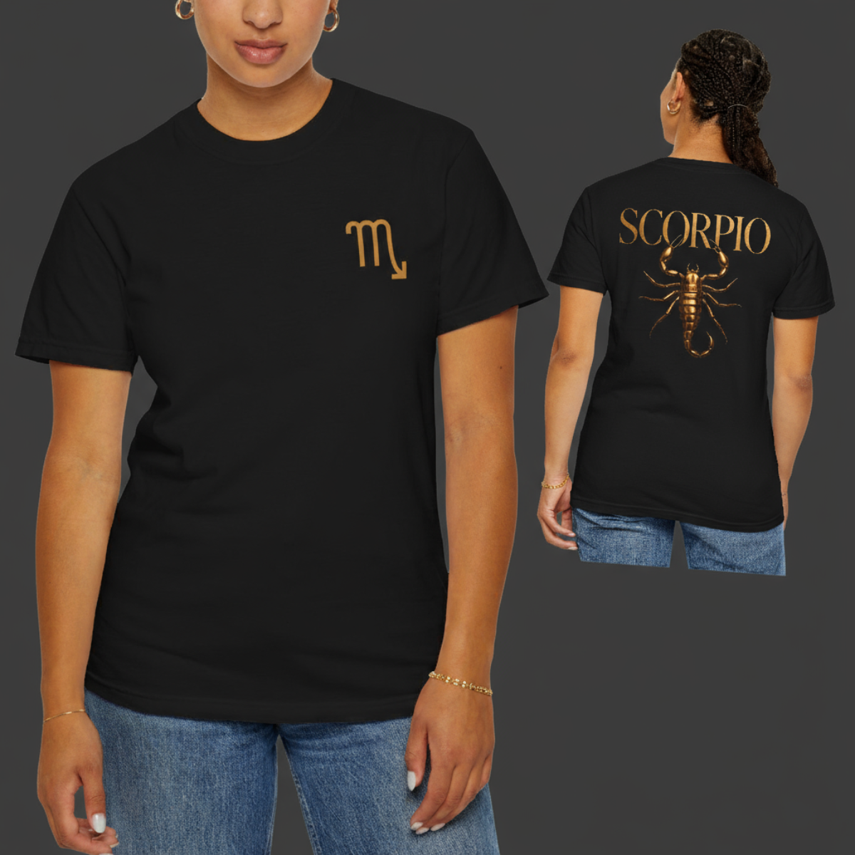 Black t-shirt with Scorpio symbol on front and back, worn by a person.