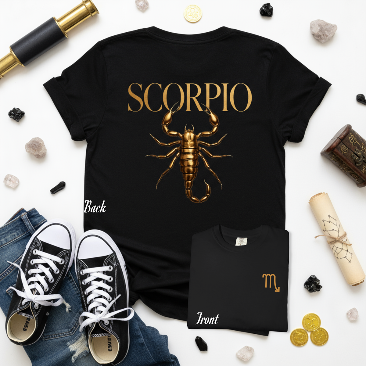 Black t-shirt with Scorpio design and text on a white background with accessories.