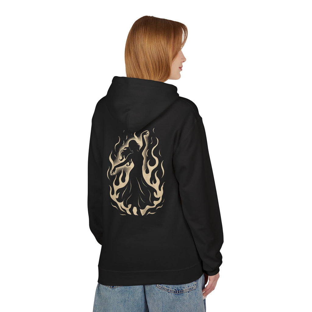 Person wearing a black hoodie with a dragon design on the back, standing against a white background