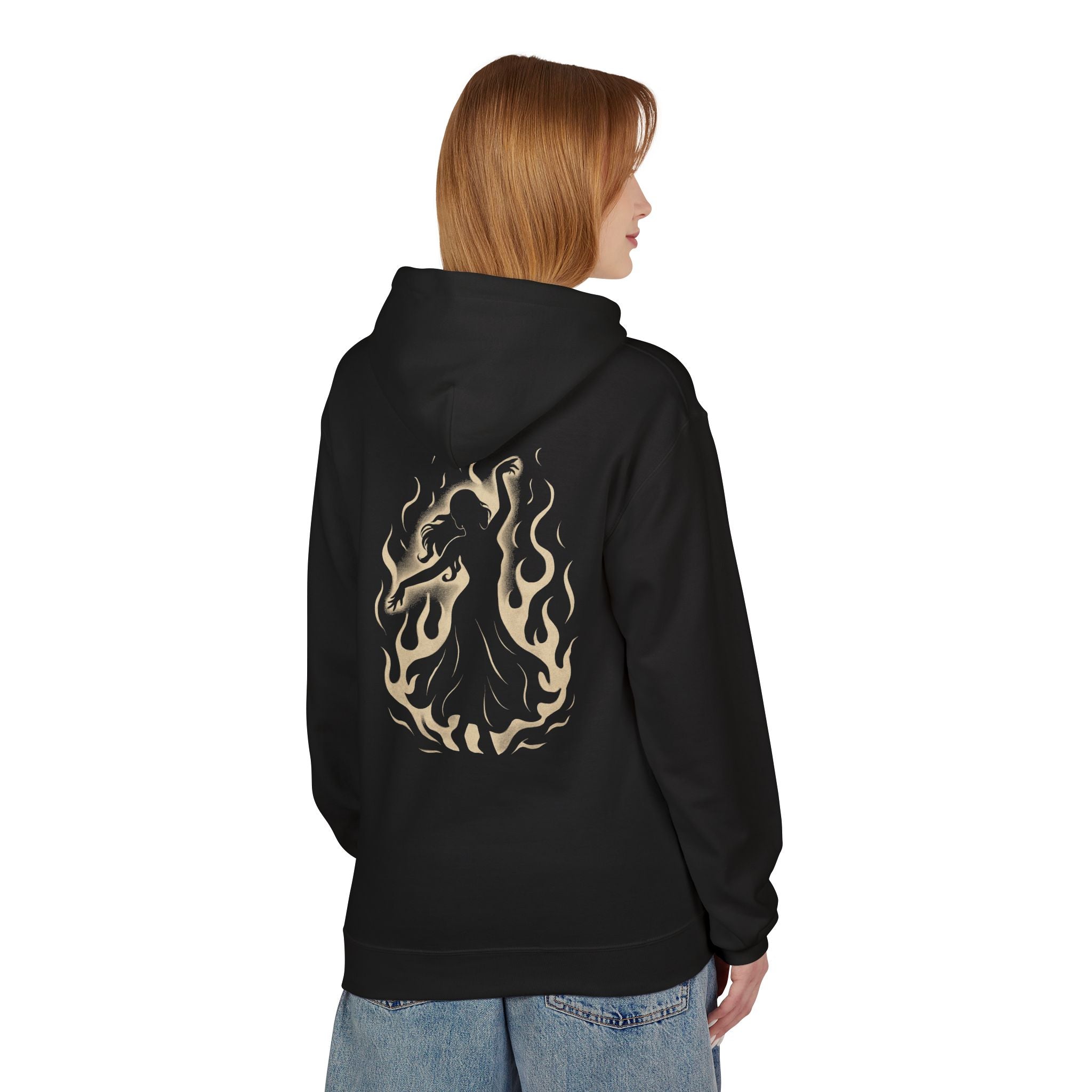 Person wearing a black hoodie with a dragon design on the back, standing against a white background