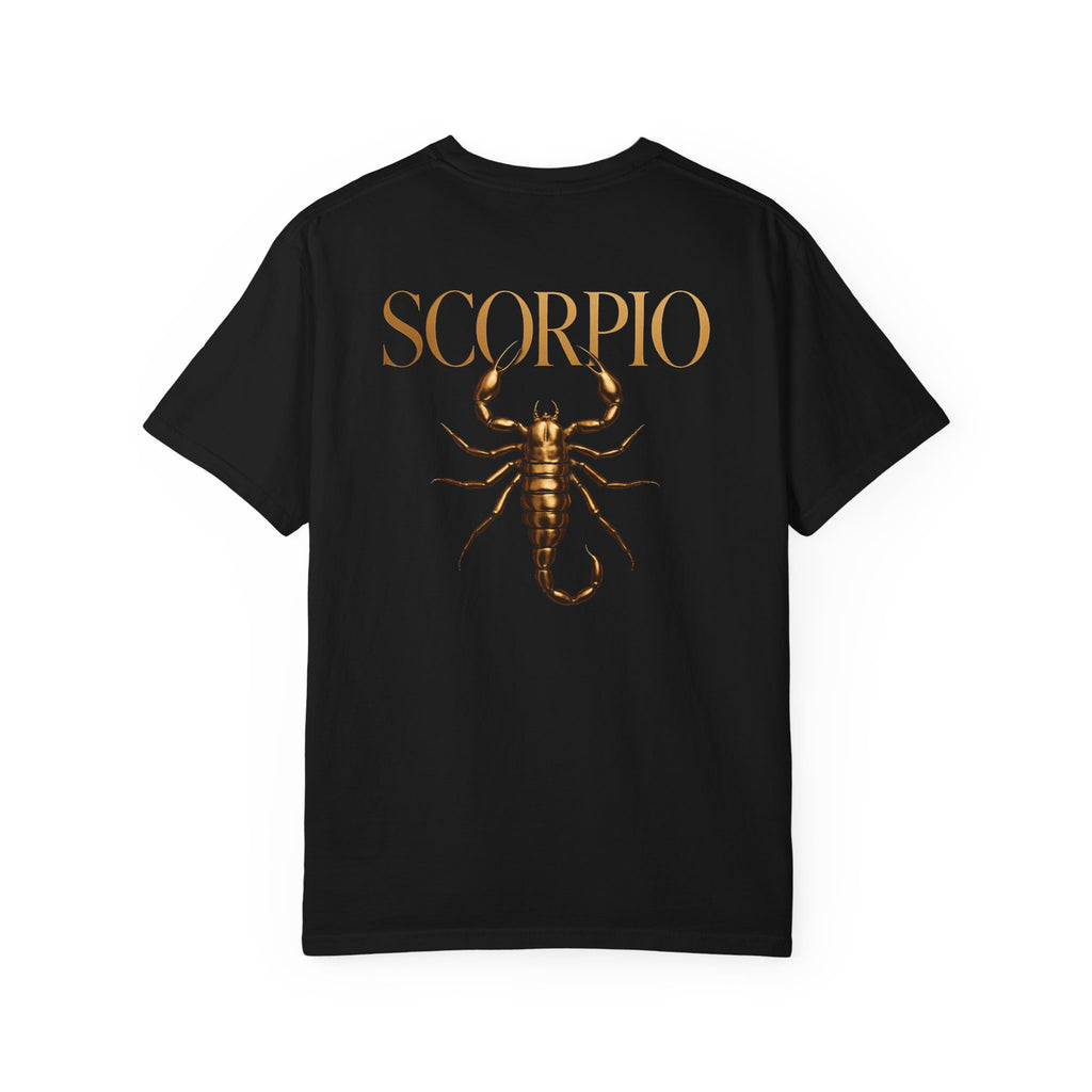 Black t-shirt with gold Scorpio design and text on a white background