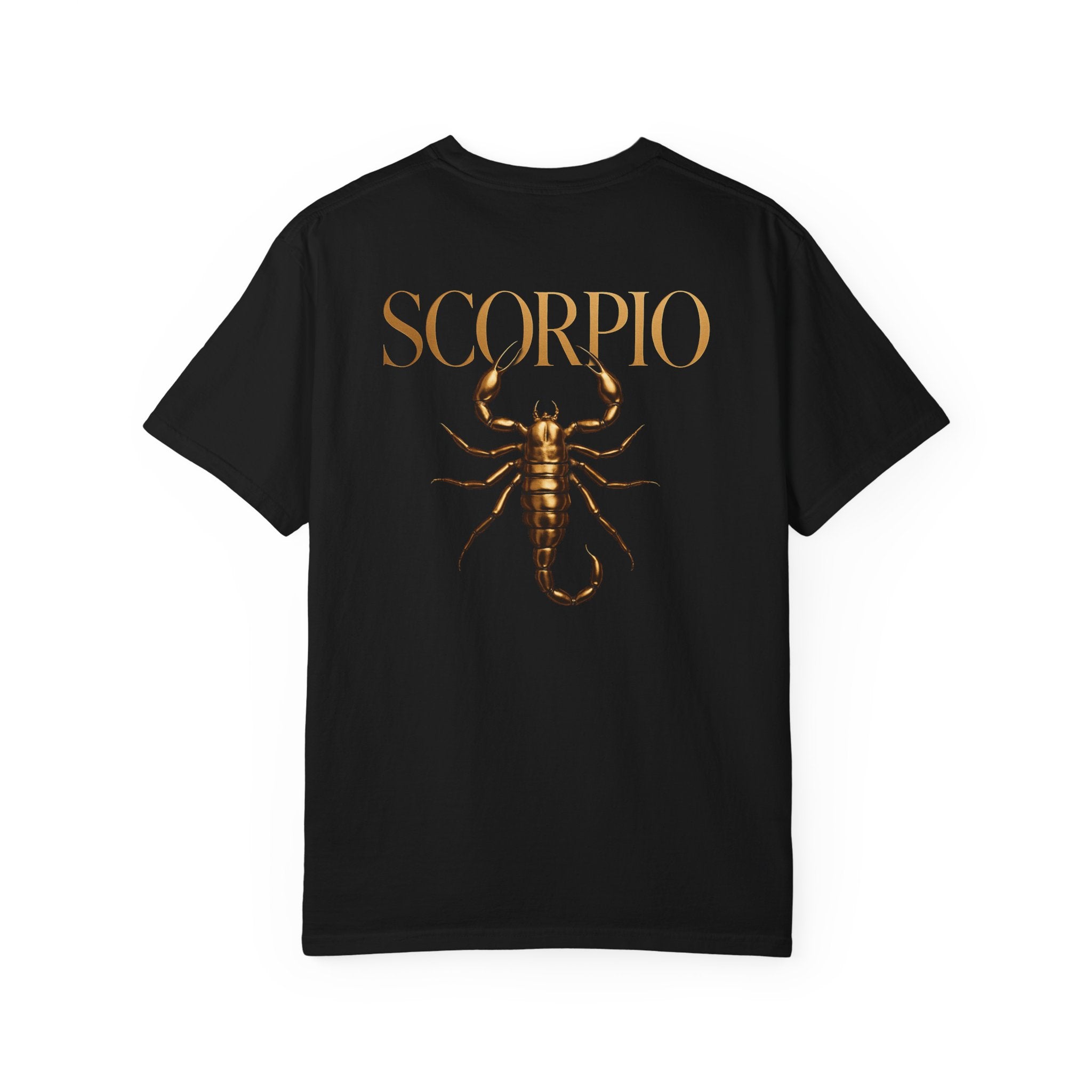 Black t-shirt with gold Scorpio design and text on a white background