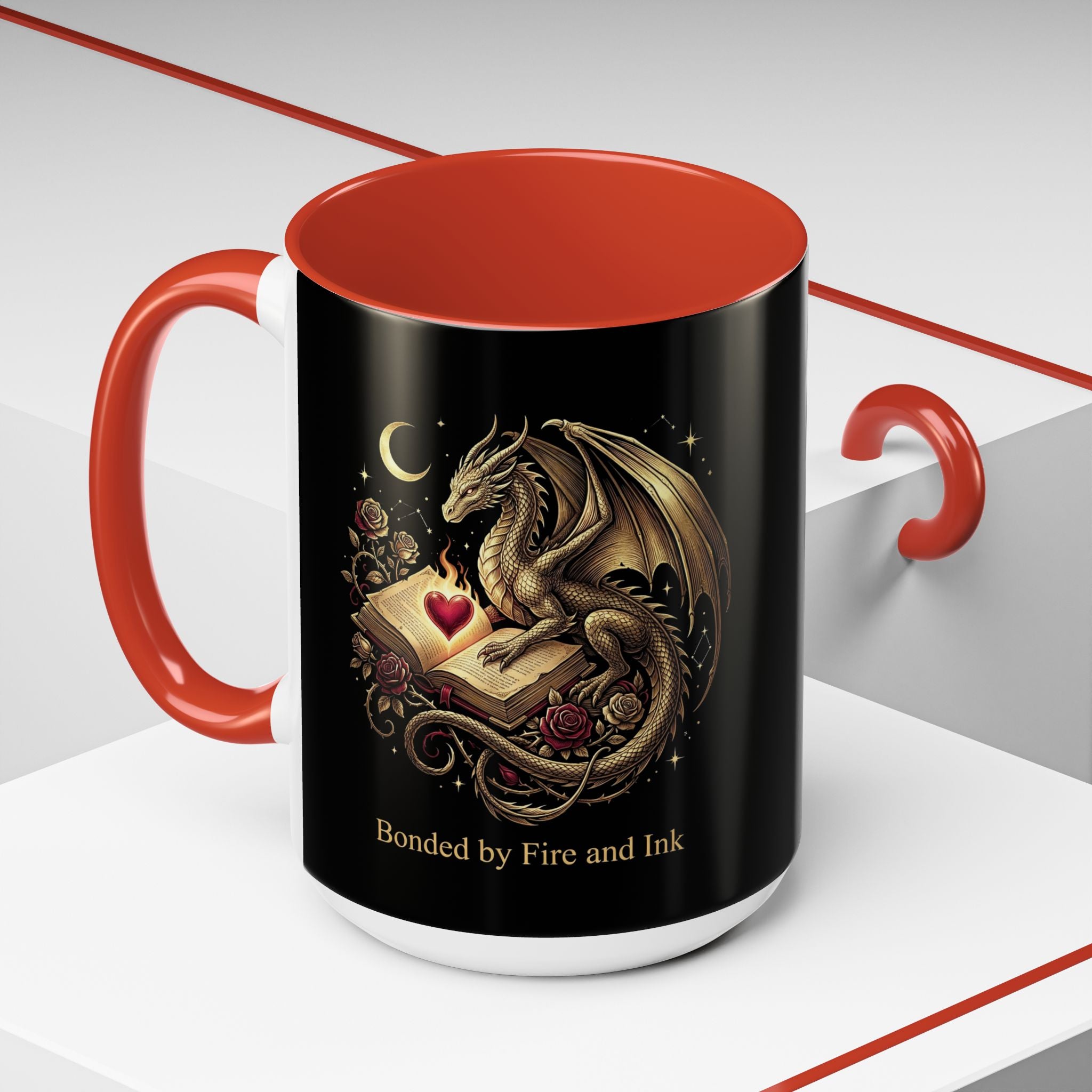 Dragon & Book Coffee Mug — "Bonded by Fire and Ink" Accent Mug - The Bela Vibe House of Moonfire