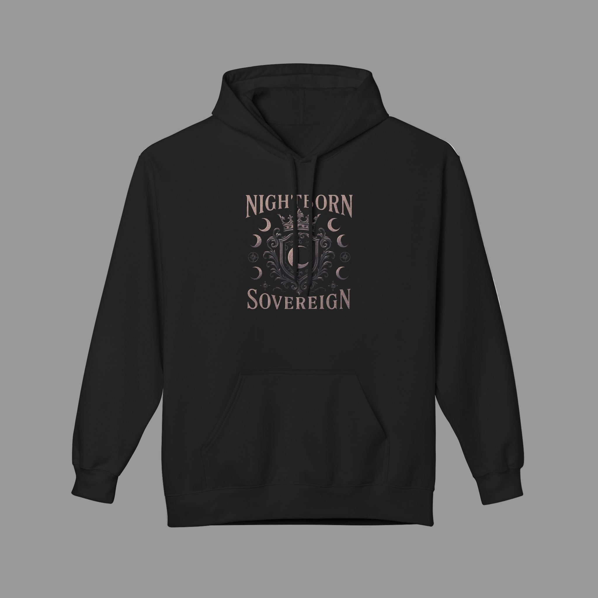 Black hoodie with 'Nightborn Sovereign' text and design on a white background