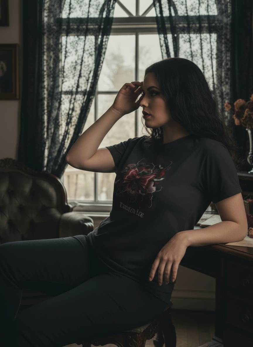 Woman wearing a black t-shirt with a graphic design, sitting in a room with a window and curtains.