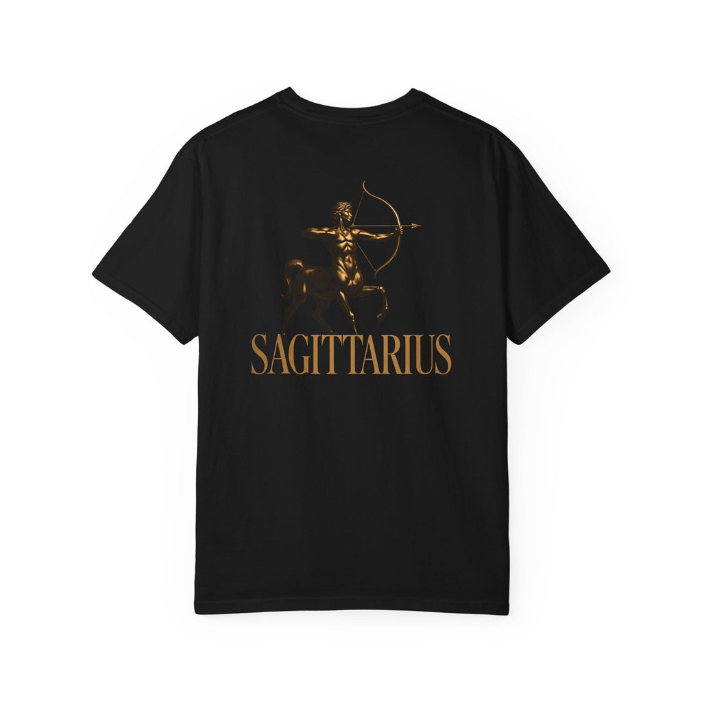 Black t-shirt with Sagittarius zodiac sign design on a white background