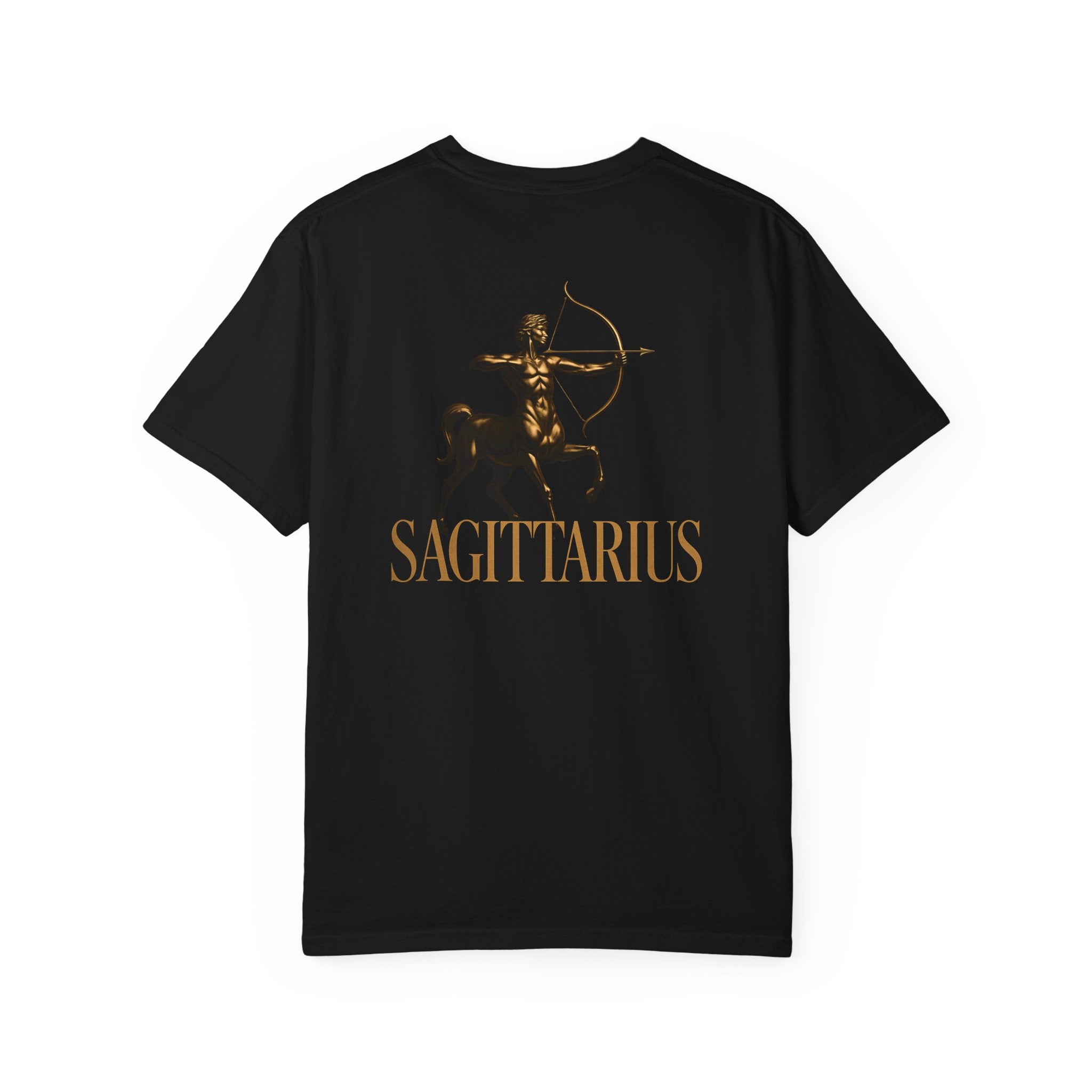 Black t-shirt with Sagittarius zodiac sign design on a white background