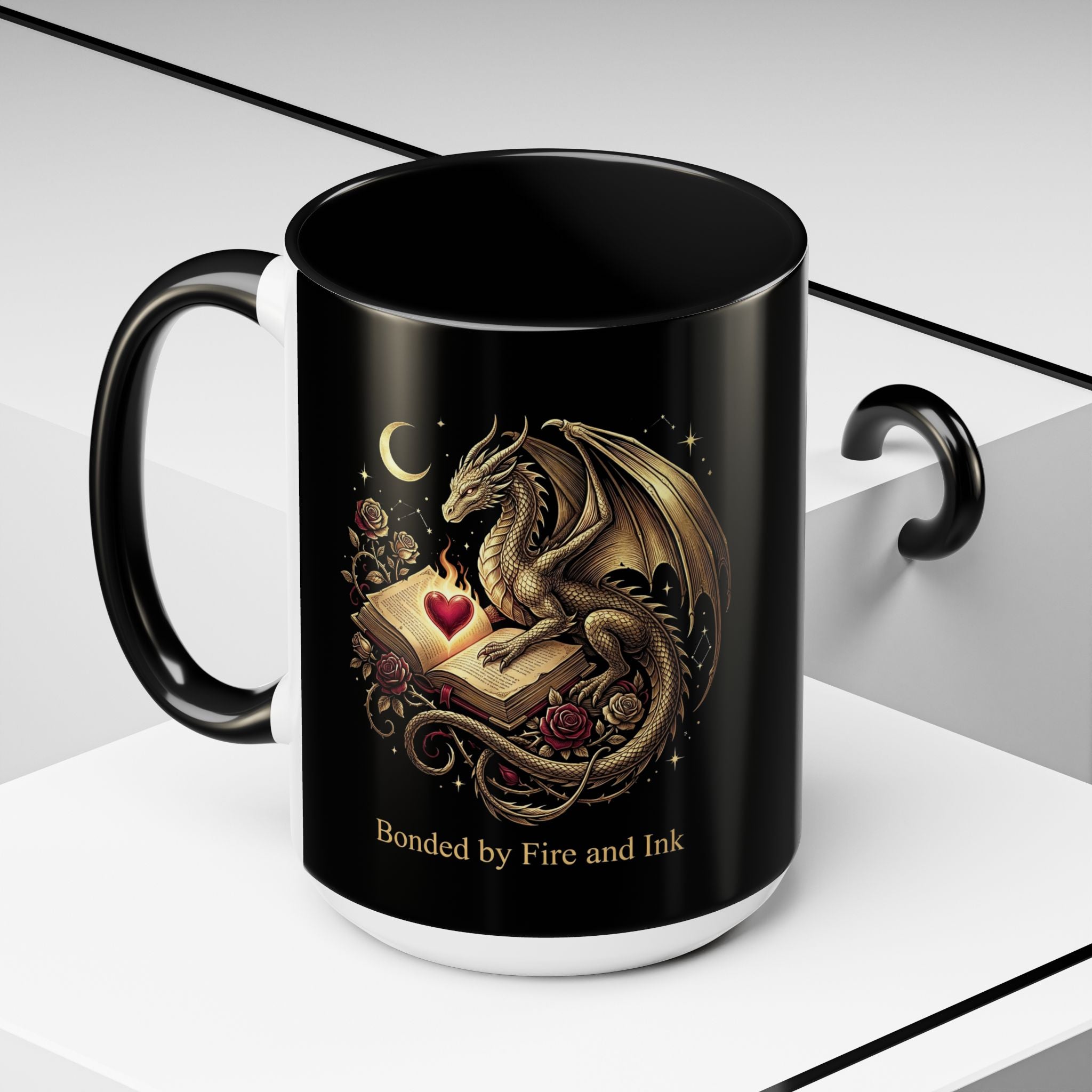 Dragon & Book Coffee Mug — "Bonded by Fire and Ink" Accent Mug - The Bela Vibe House of Moonfire