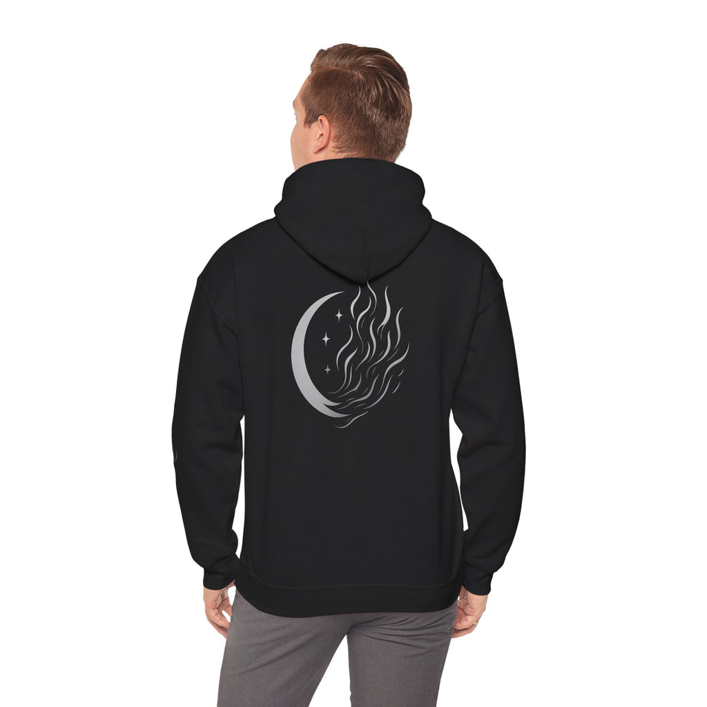 Person wearing a black hoodie with a moon and star design on the back, standing against a white background.
