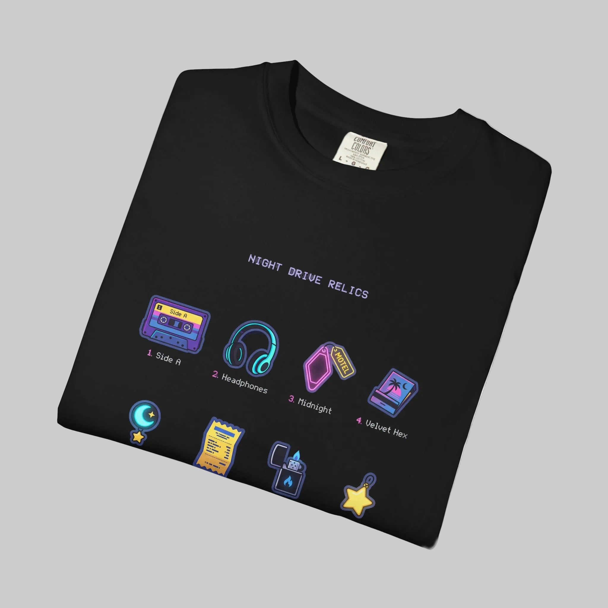 Retro Gaming Icons T-Shirt — 'Accept Console: Roll 1d20' Neon RPG Dice & Items Tee - The Bela Vibe House of Moonfire