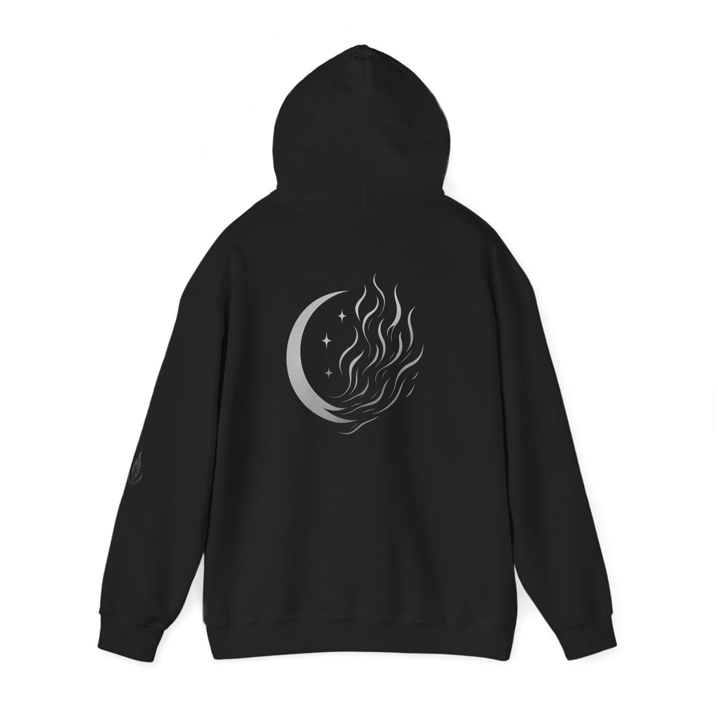 Black hoodie with a white graphic design on the back against a white background