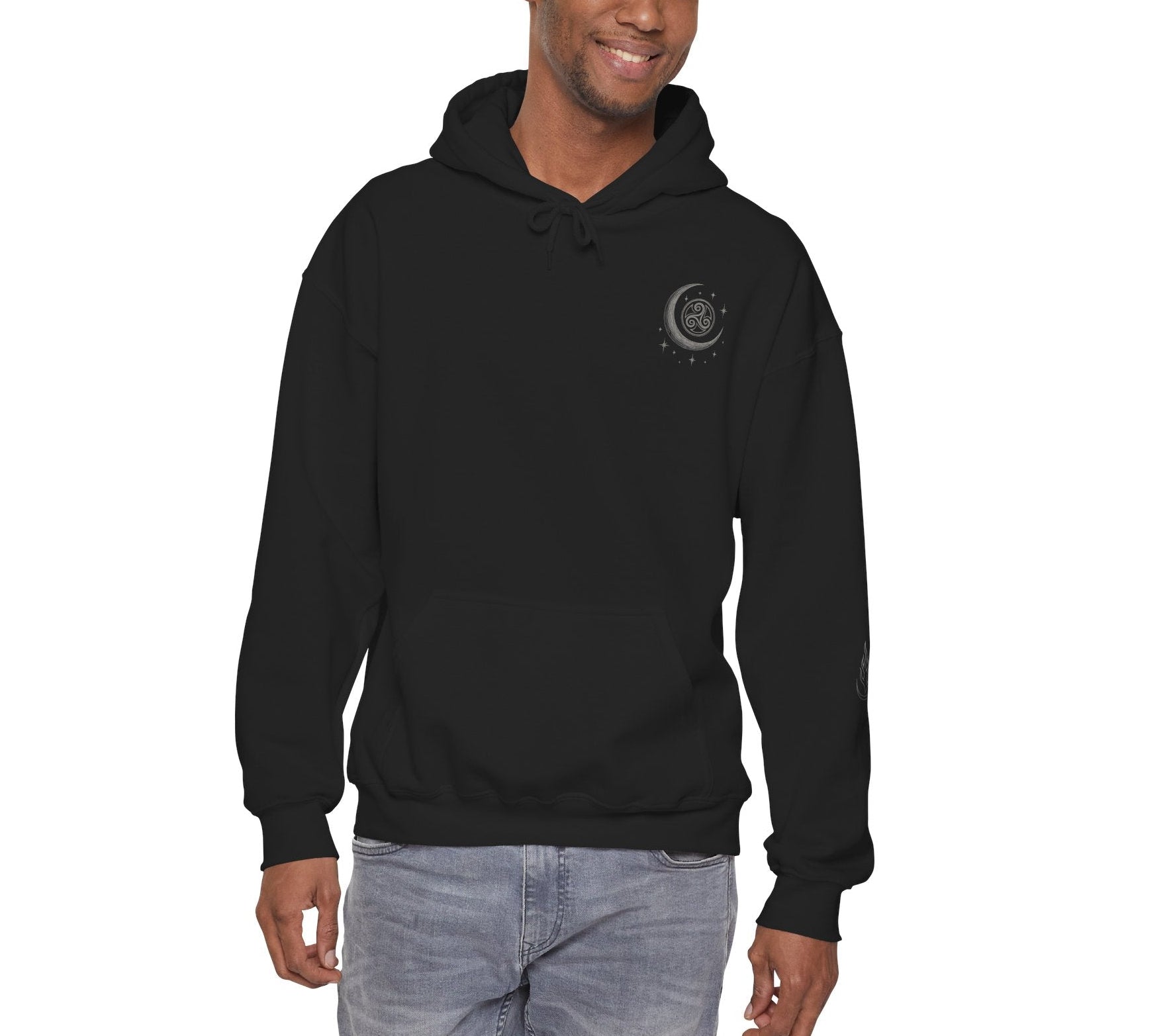 Man wearing a black hoodie with a logo on a white background