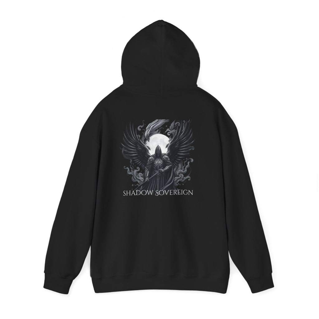 Black hoodie with 'Shadow Sovereign' design on the back against a white background