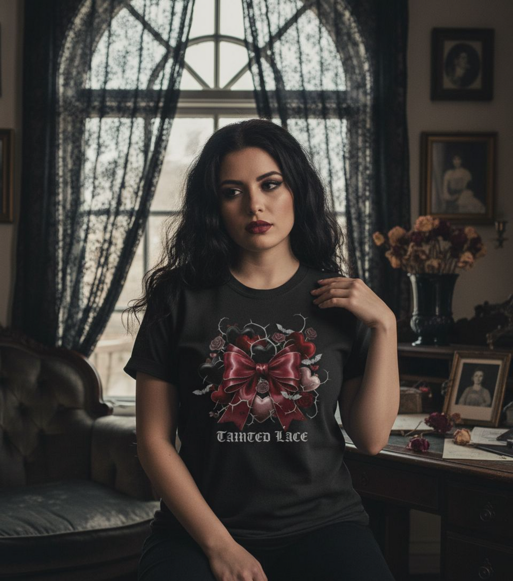 Woman wearing a black t-shirt with a floral design and text in a dimly lit room.