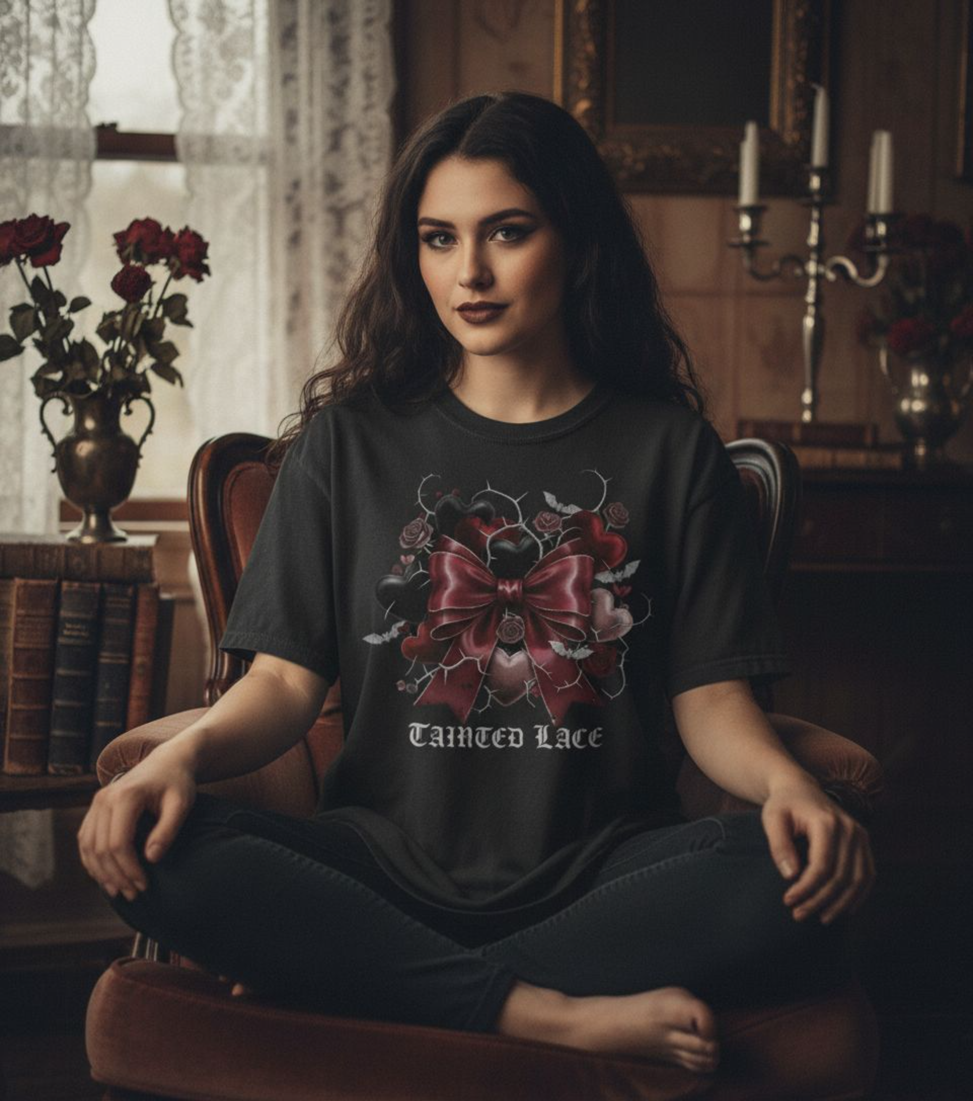 Woman wearing a black t-shirt with a graphic design sitting in a room with decorative elements.