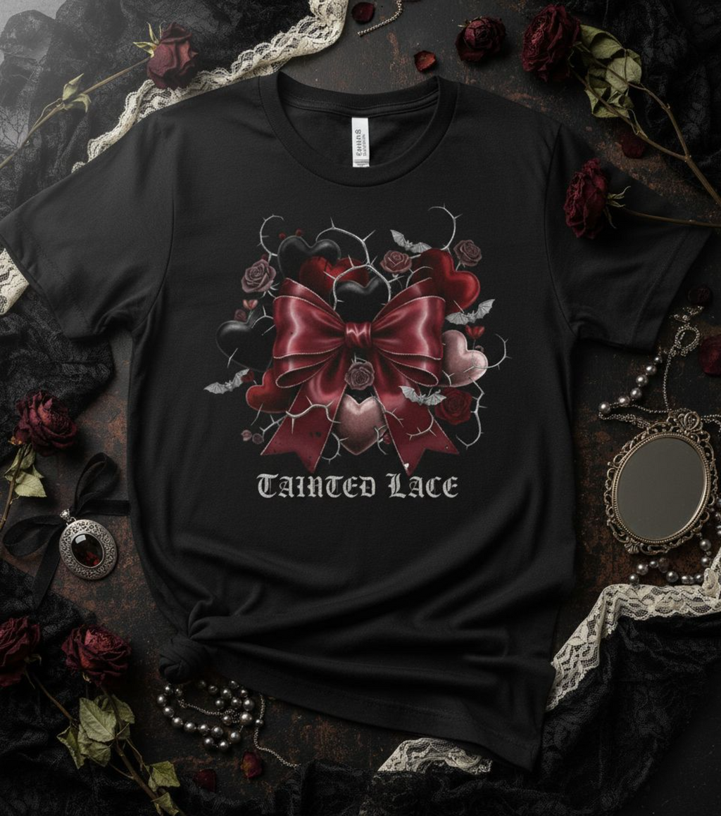 Black t-shirt with a red bow design and 'Tainted Lace' text on a dark background with roses and lace.