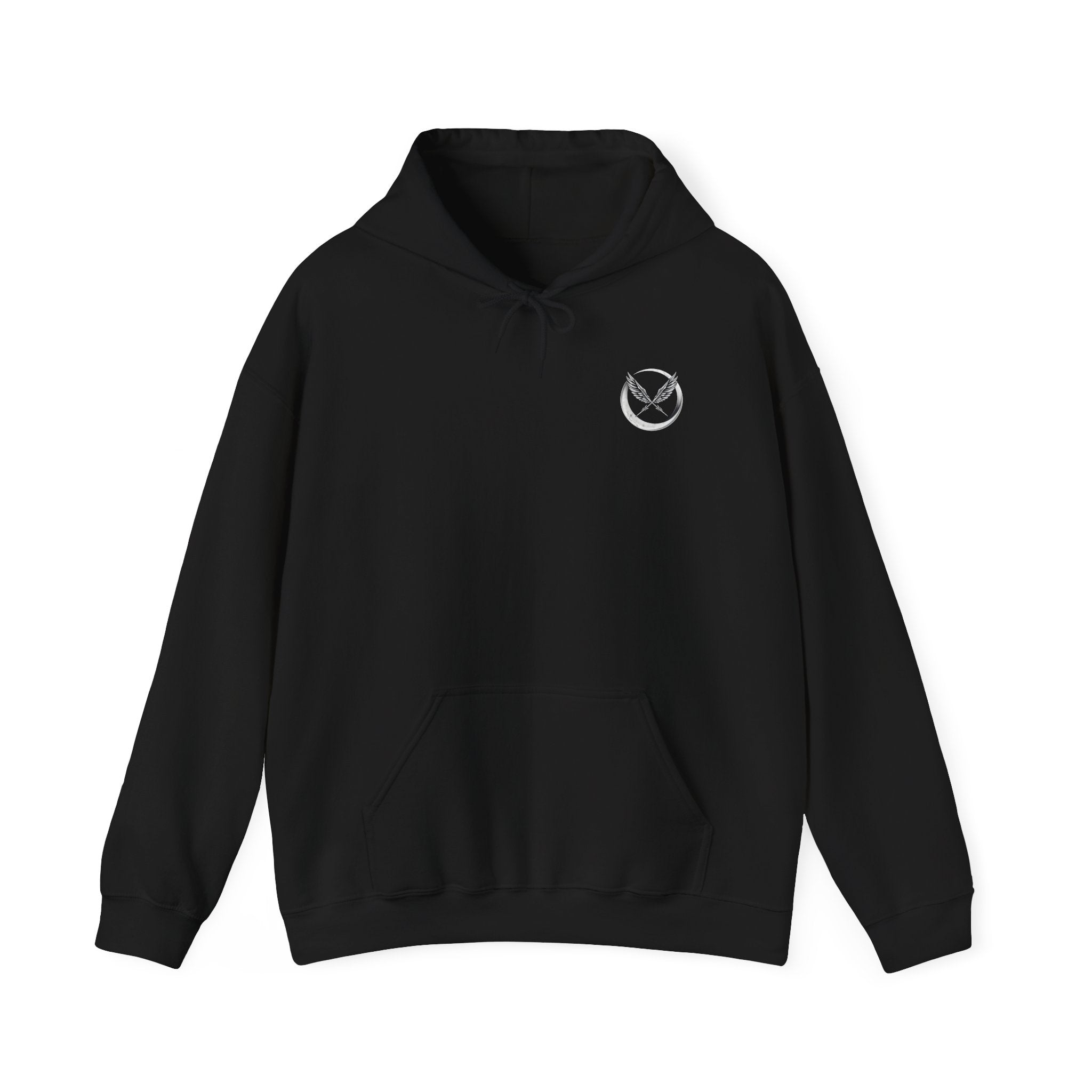 Black hoodie with a logo on the chest against a white background