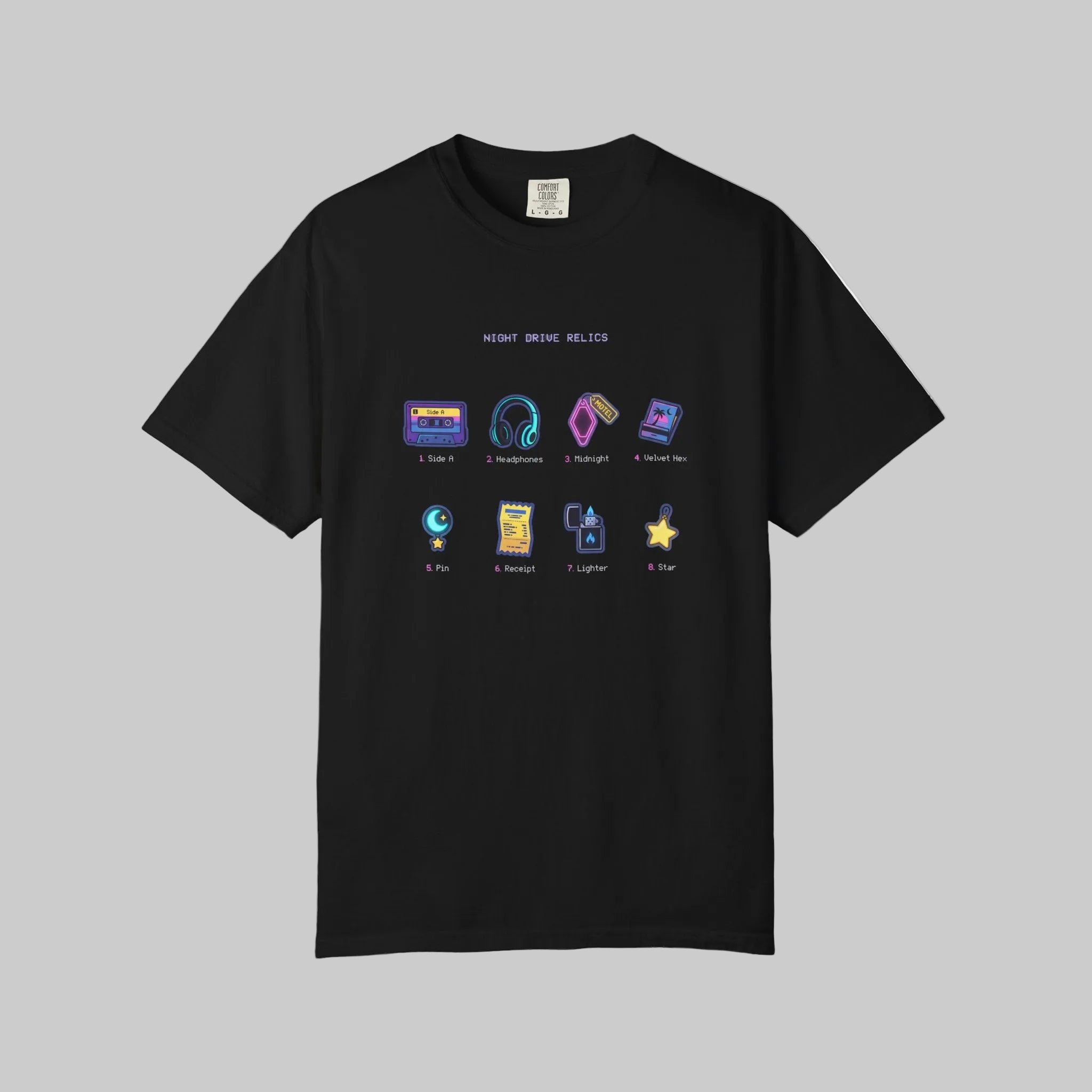 Retro Gaming Icons T-Shirt — 'Accept Console: Roll 1d20' Neon RPG Dice & Items Tee - The Bela Vibe House of Moonfire