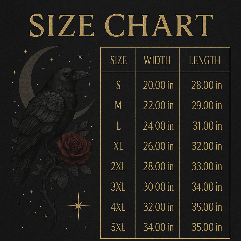 Size chart with a dark background featuring a crow and rose design.