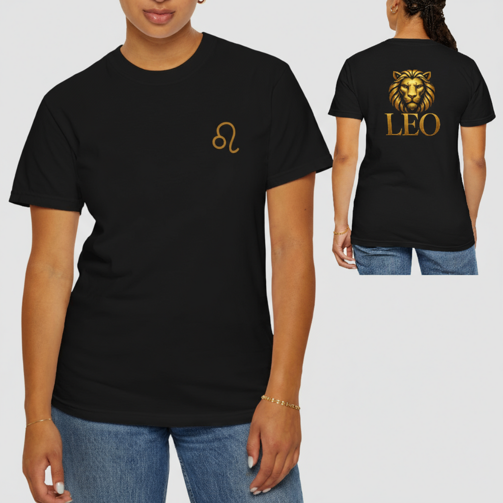 Black t-shirt with gold lion design on front and 'LEO' on back, worn by a person.