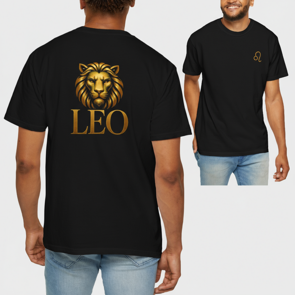 Black t-shirt with gold lion graphic and 'LEO' text on the back, worn by a person.