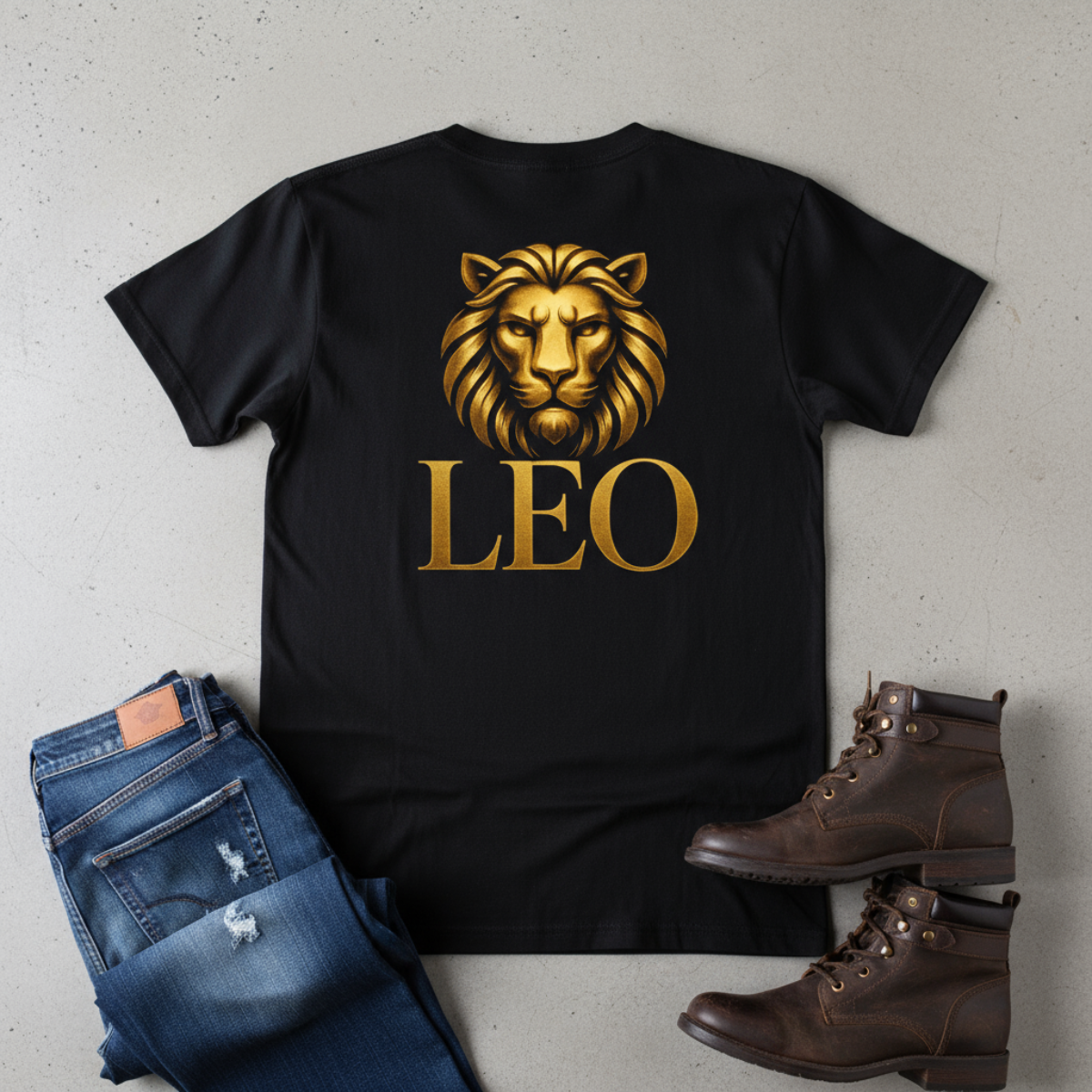 Black t-shirt with gold lion graphic and 'LEO' text, paired with blue jeans and brown boots on a light gray background.