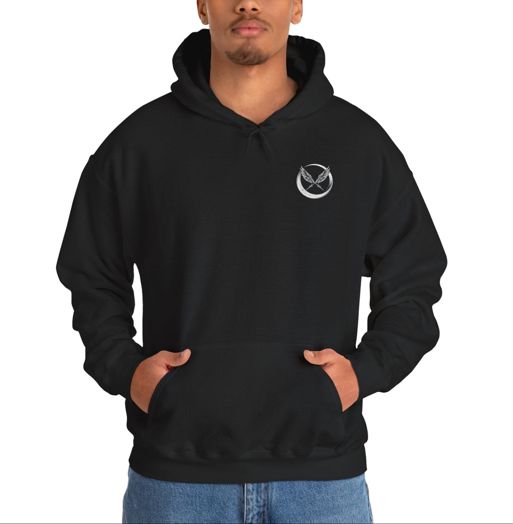 Person wearing a black hoodie with a logo on a white background