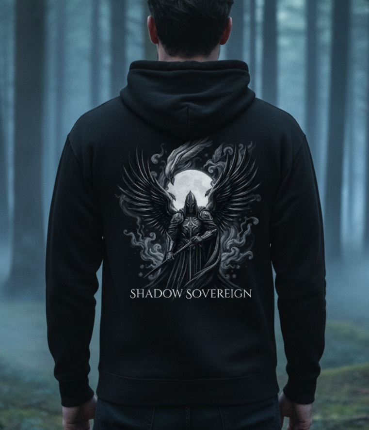 Person wearing a black hoodie with 'Shadow Sovereign' design in a forest