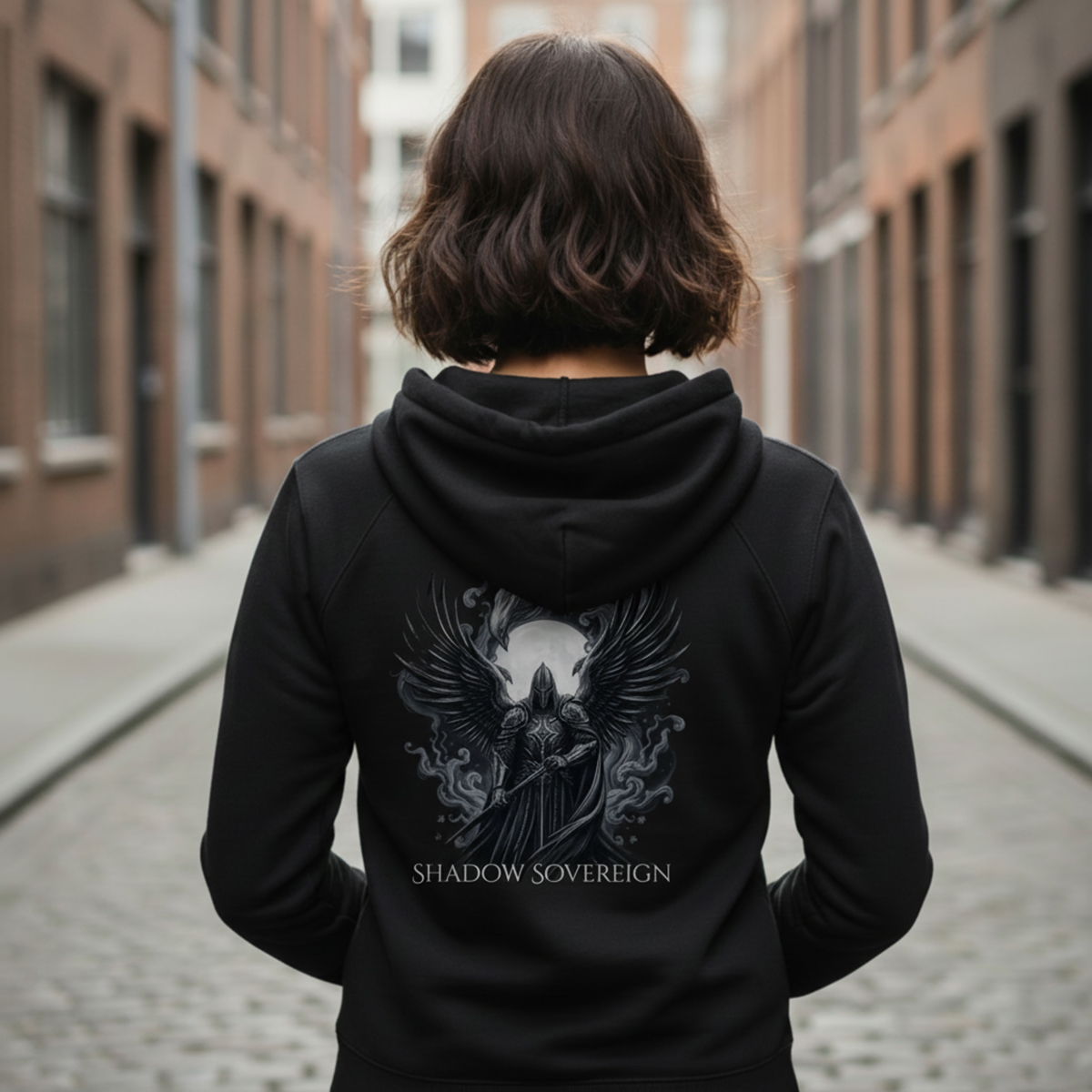 Person wearing a black hoodie with 'Shadow Sovereign' design on the back, standing in an urban alley.