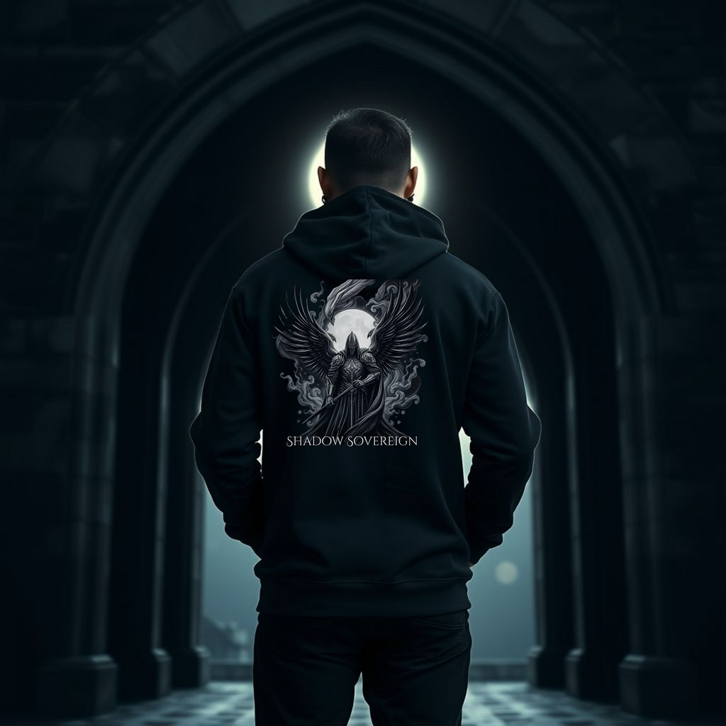 Person wearing a black hoodie with 'Shadow Sovereign' design in a dark, gothic-style setting.
