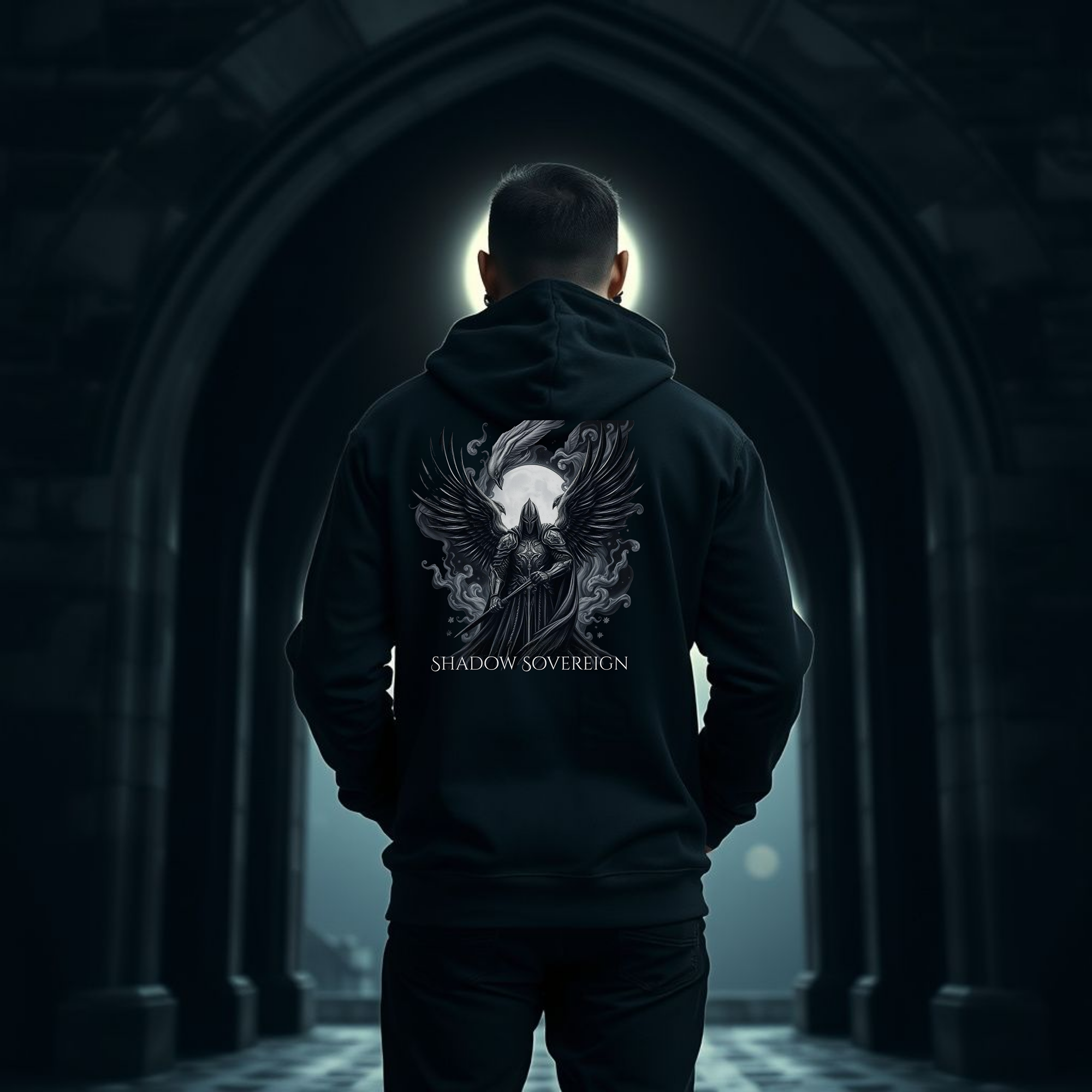 Person wearing a black hoodie with 'Shadow Sovereign' design in a dark, gothic-style setting.