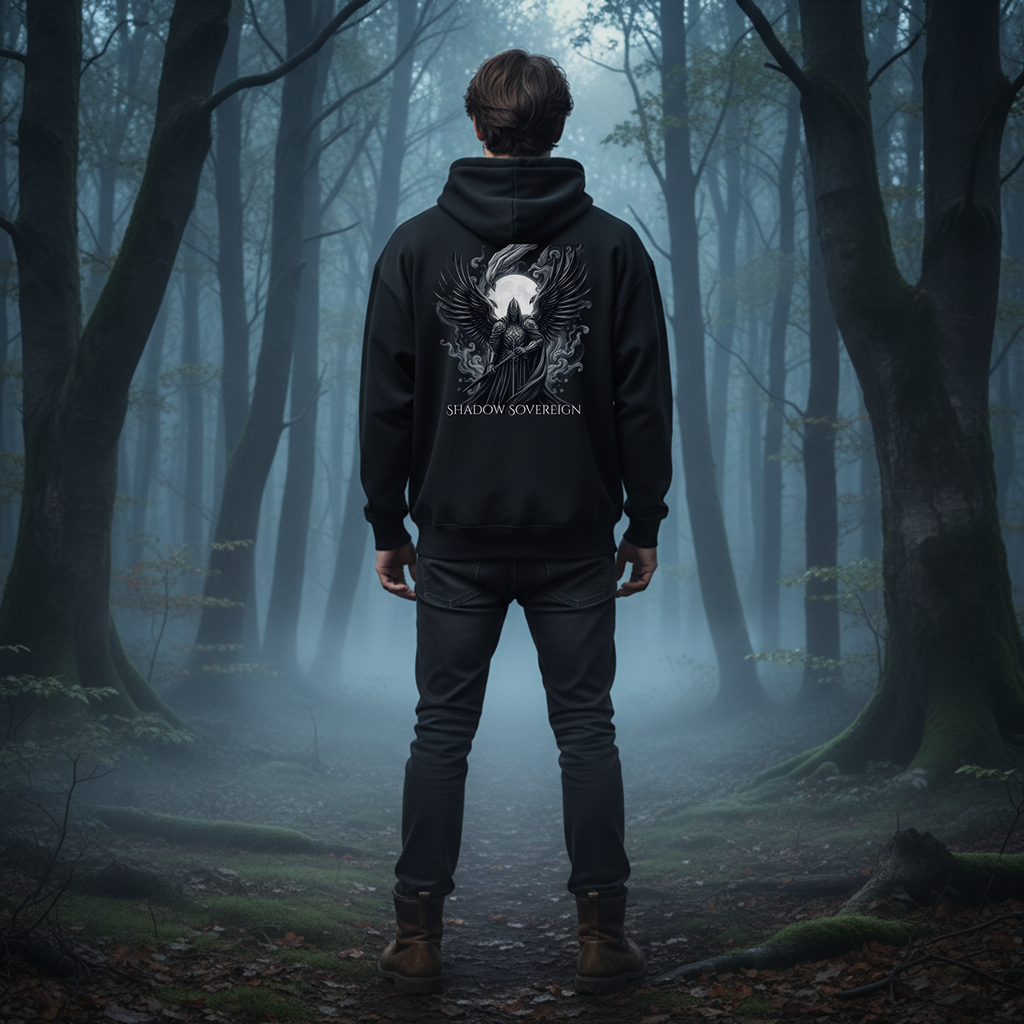 Person wearing a black hoodie with a design in a forest