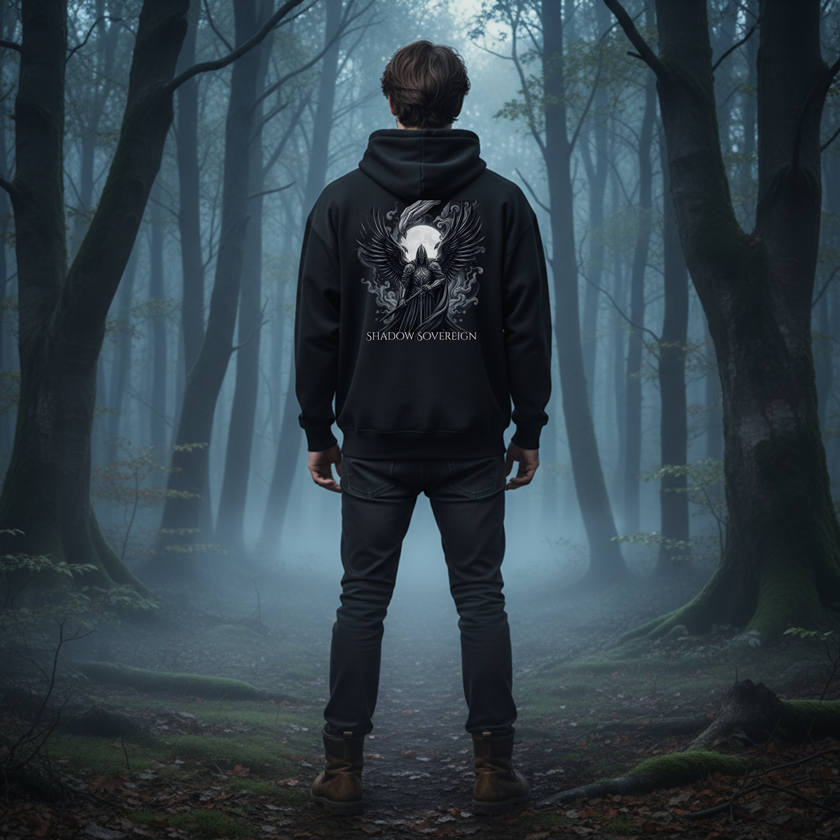 Person wearing a black hoodie with a design in a forest