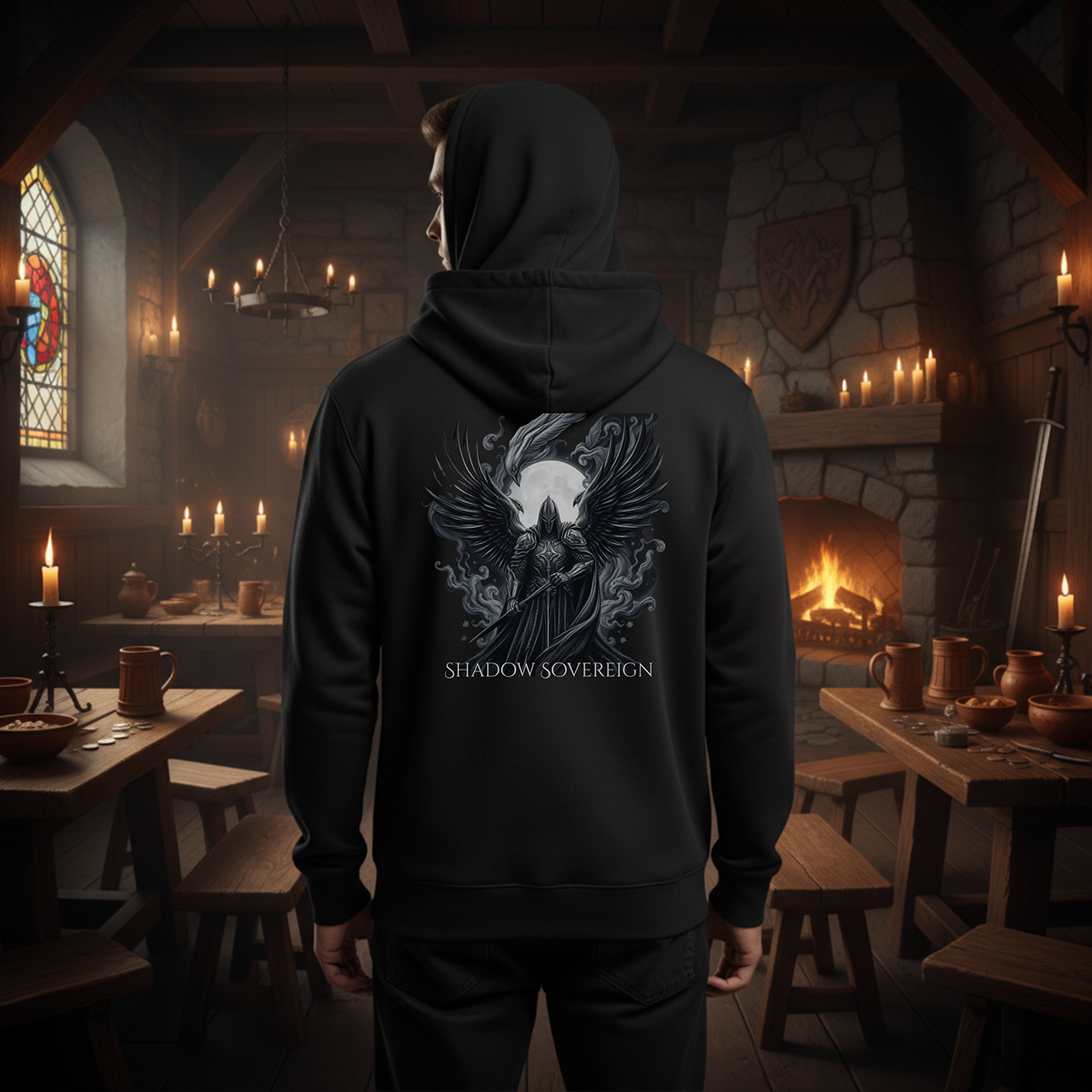Person wearing a black hoodie with 'Shadow Sovereign' design in a medieval-style room.