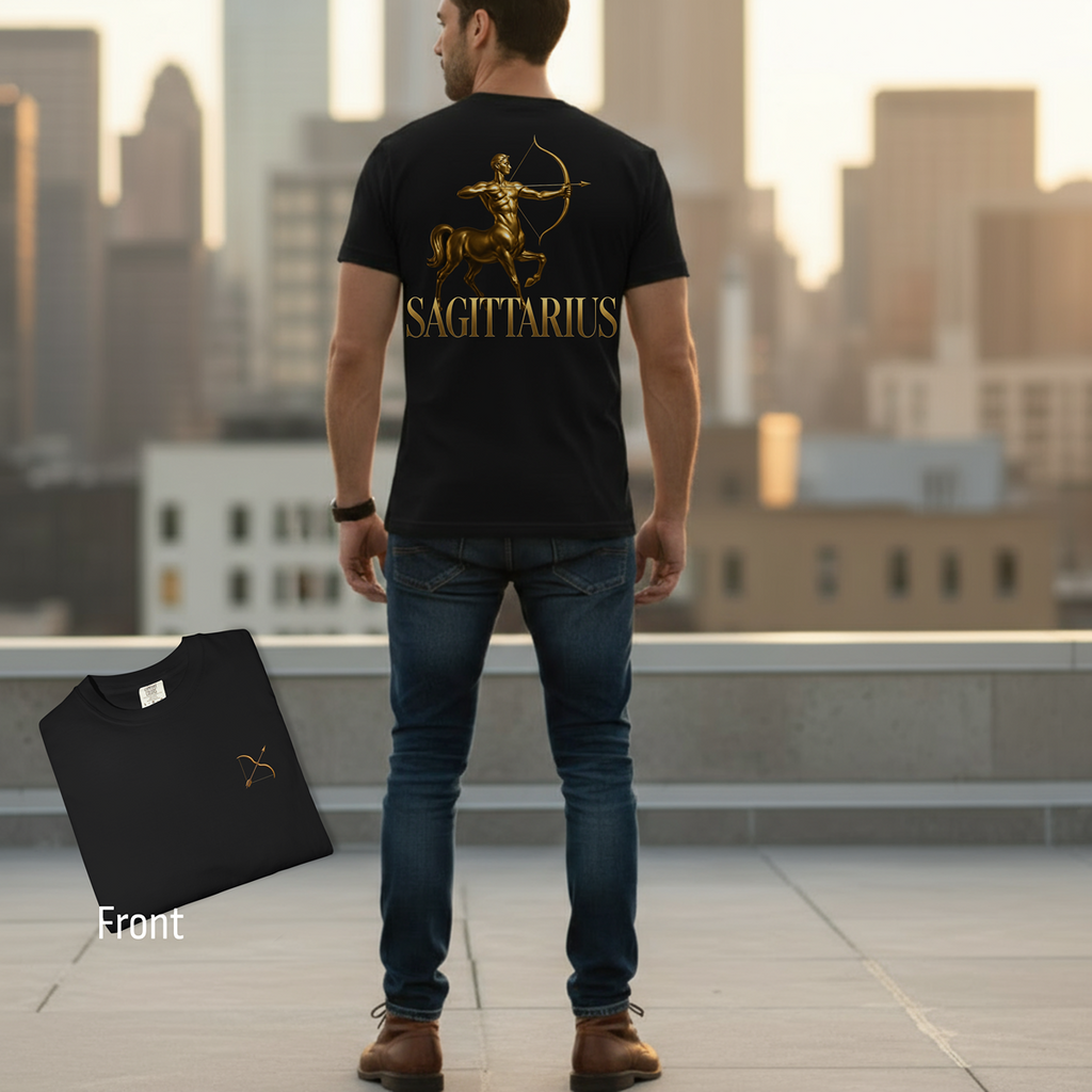 Man wearing a black t-shirt with 'Sagittarius' design on a rooftop with cityscape background